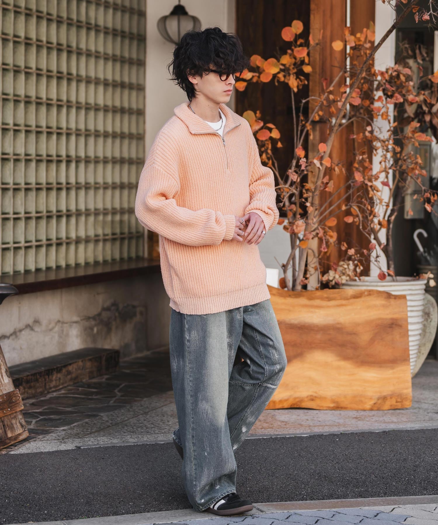 新色追加 オーバーサイズ畦編みハーフジップニットセーター 14553