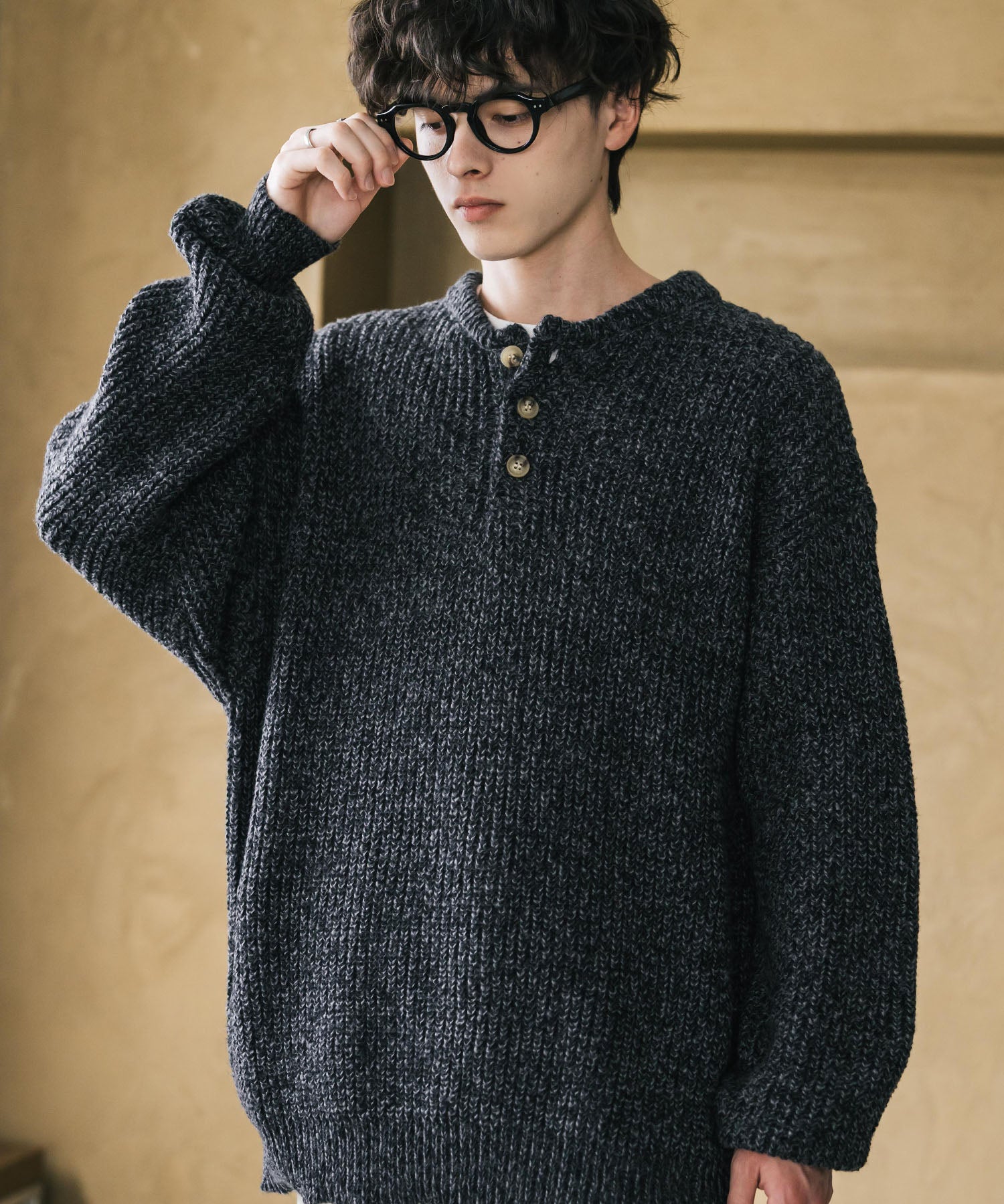 新色追加 オーバーサイズ畦編みヘンリーネックニットセーター	 14554