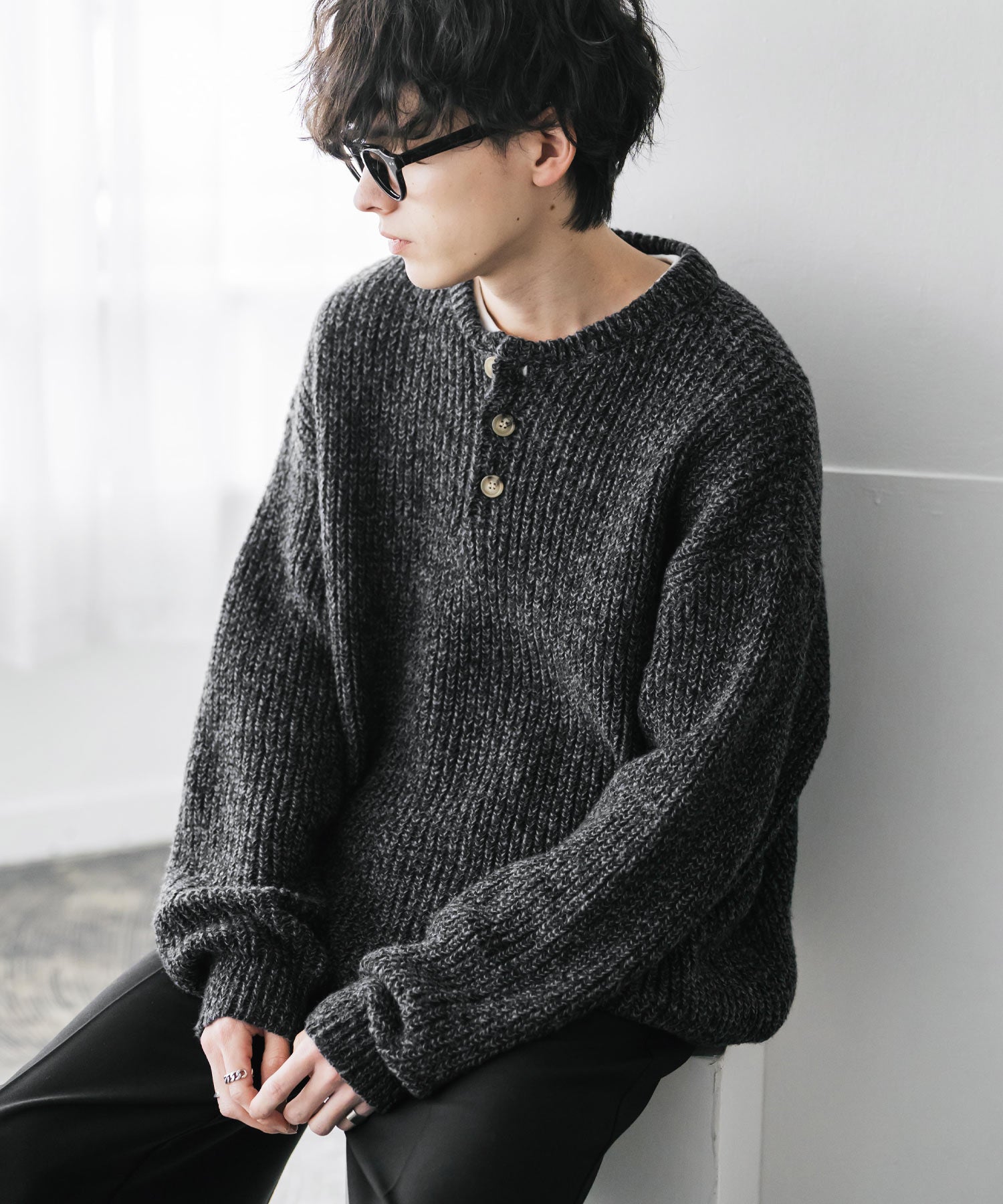 新色追加 オーバーサイズ畦編みヘンリーネックニットセーター	 14554