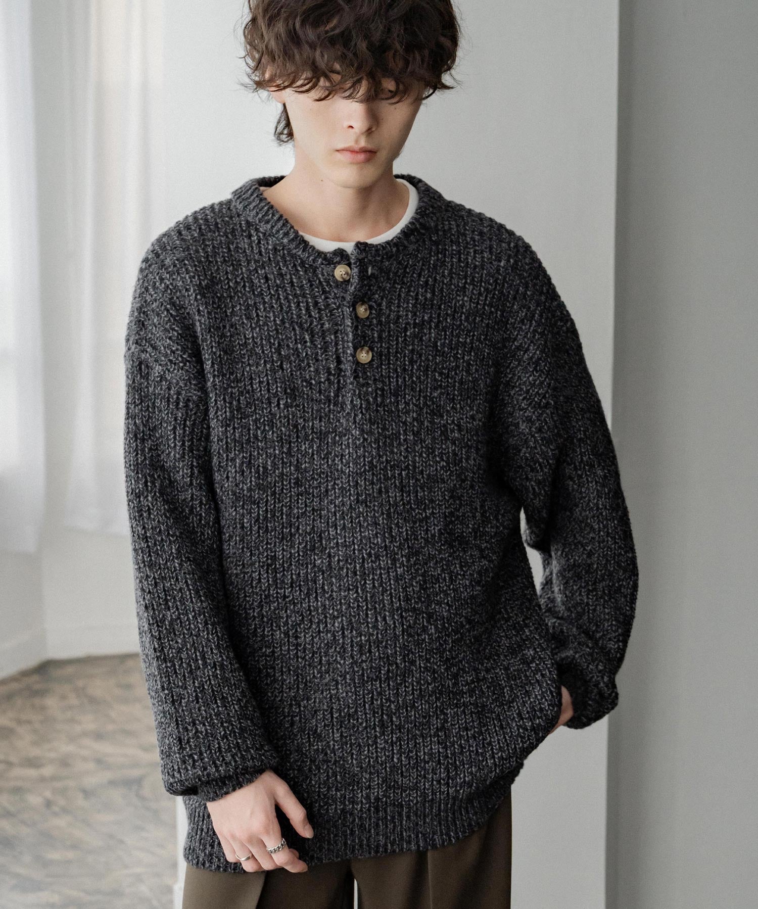 新色追加 オーバーサイズ畦編みヘンリーネックニットセーター	 14554