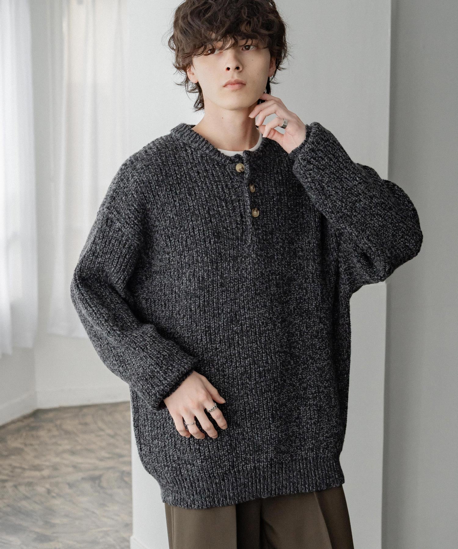 新色追加 オーバーサイズ畦編みヘンリーネックニットセーター	 14554