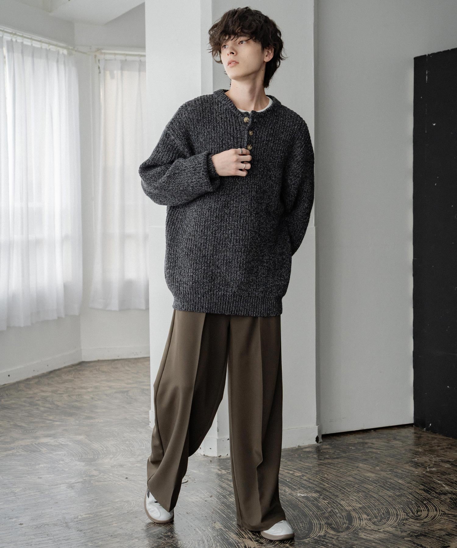 新色追加 オーバーサイズ畦編みヘンリーネックニットセーター	 14554