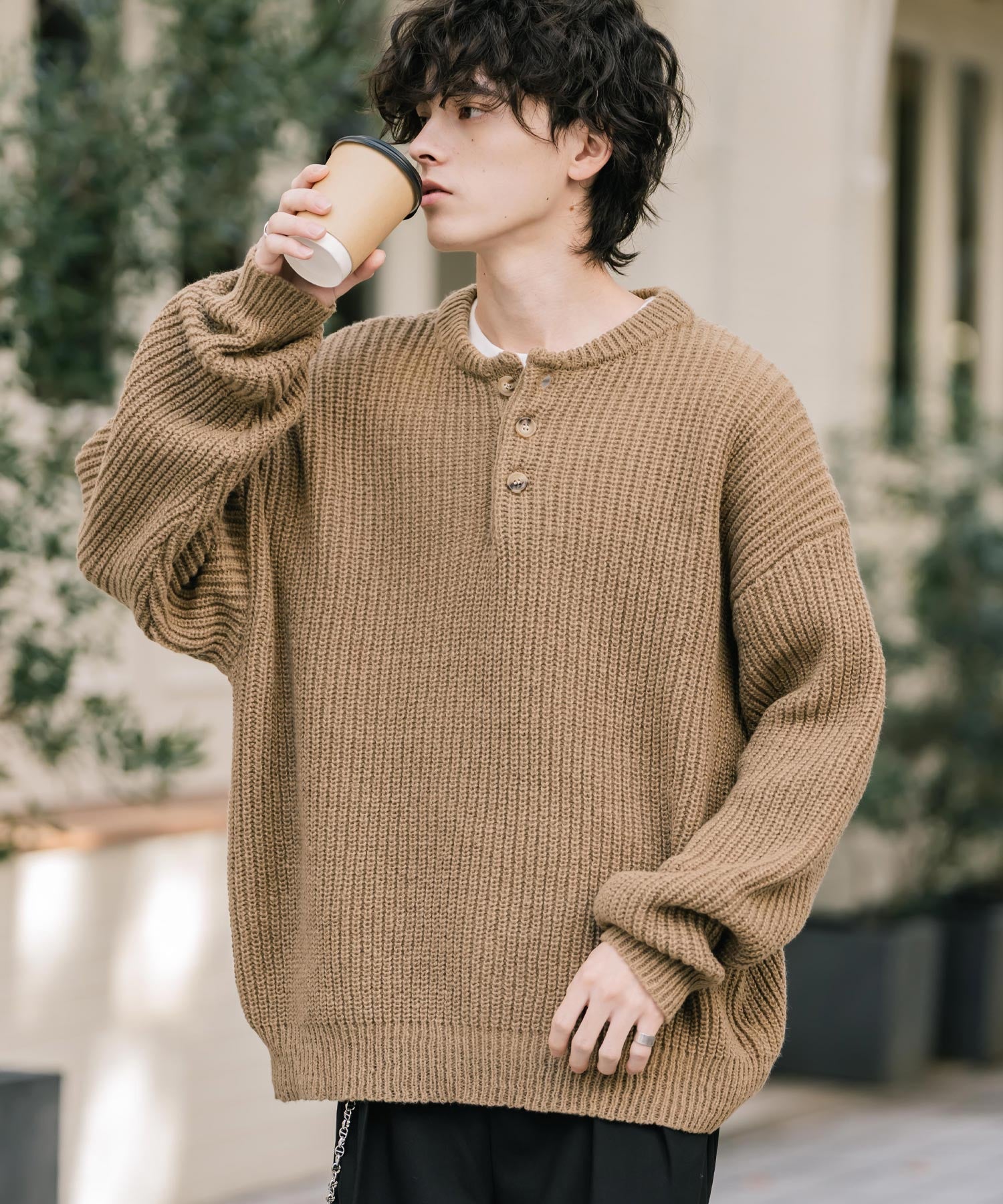 新色追加 オーバーサイズ畦編みヘンリーネックニットセーター	 14554