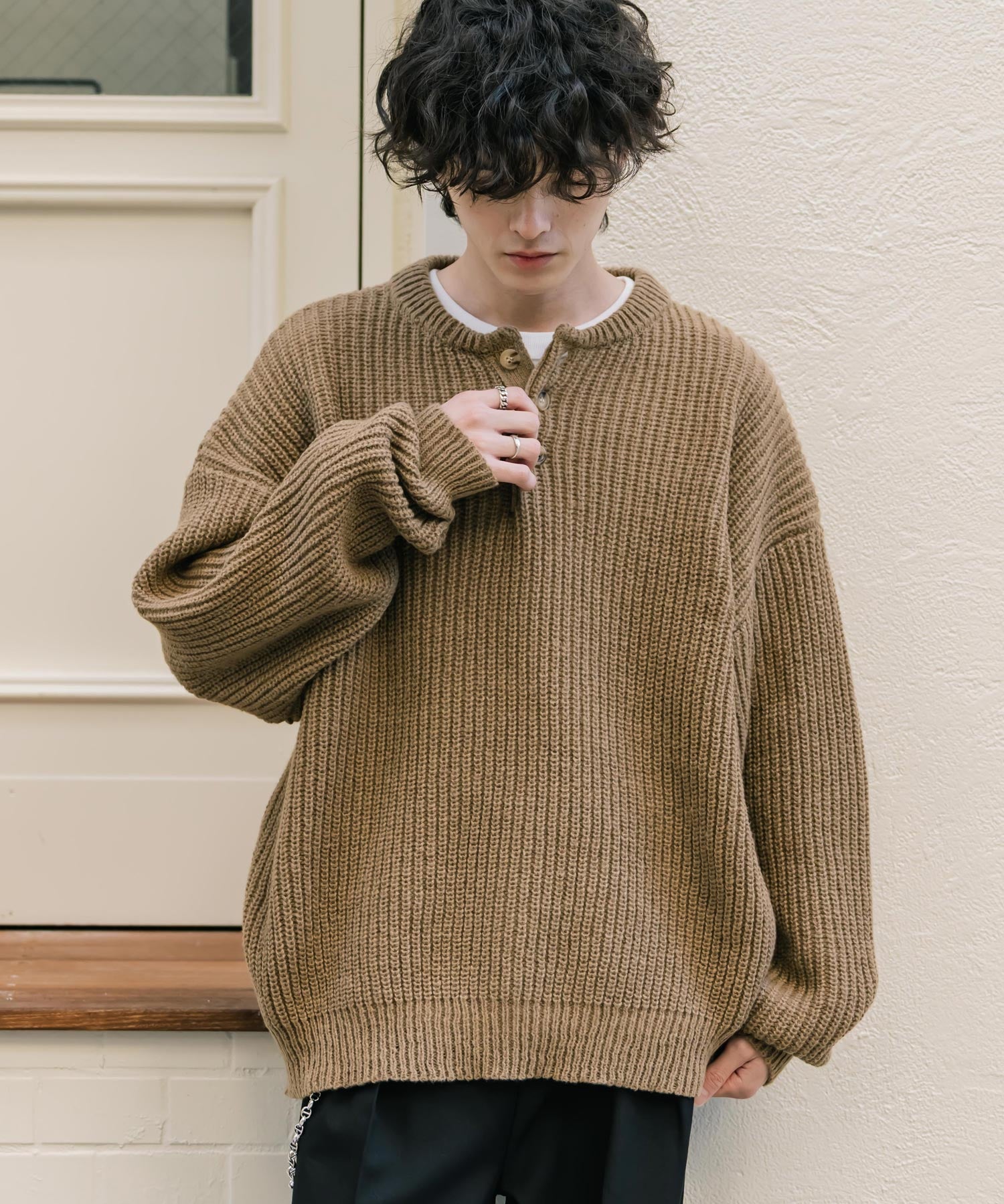 新色追加 オーバーサイズ畦編みヘンリーネックニットセーター	 14554