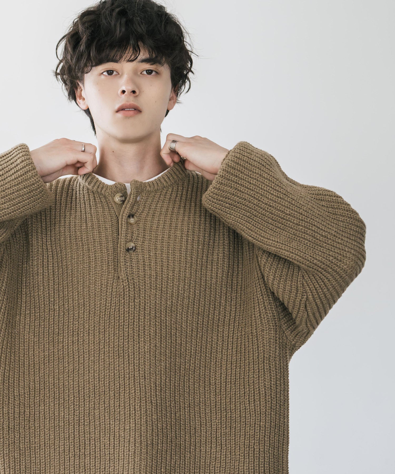 新色追加 オーバーサイズ畦編みヘンリーネックニットセーター	 14554