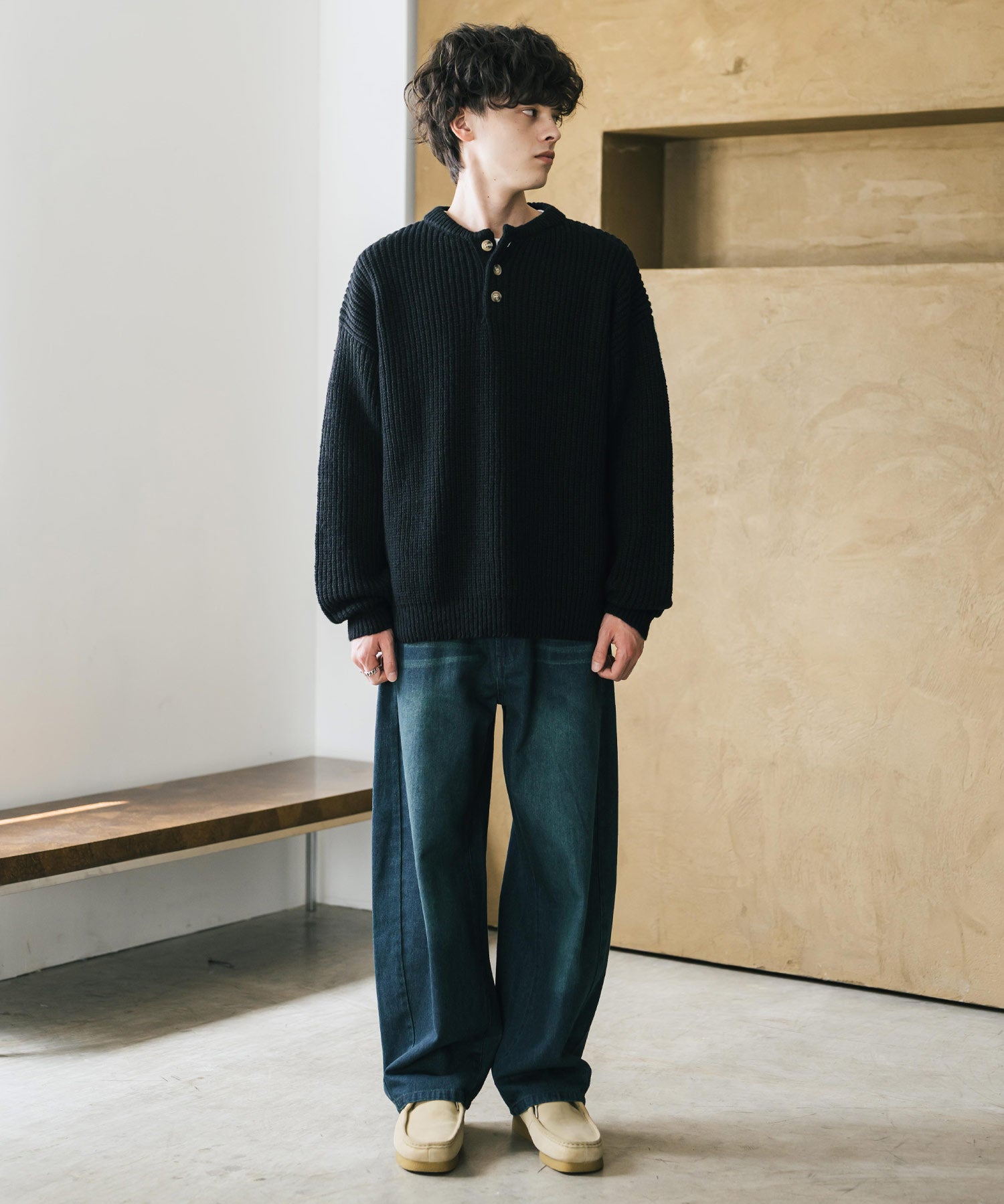 新色追加 オーバーサイズ畦編みヘンリーネックニットセーター	 14554