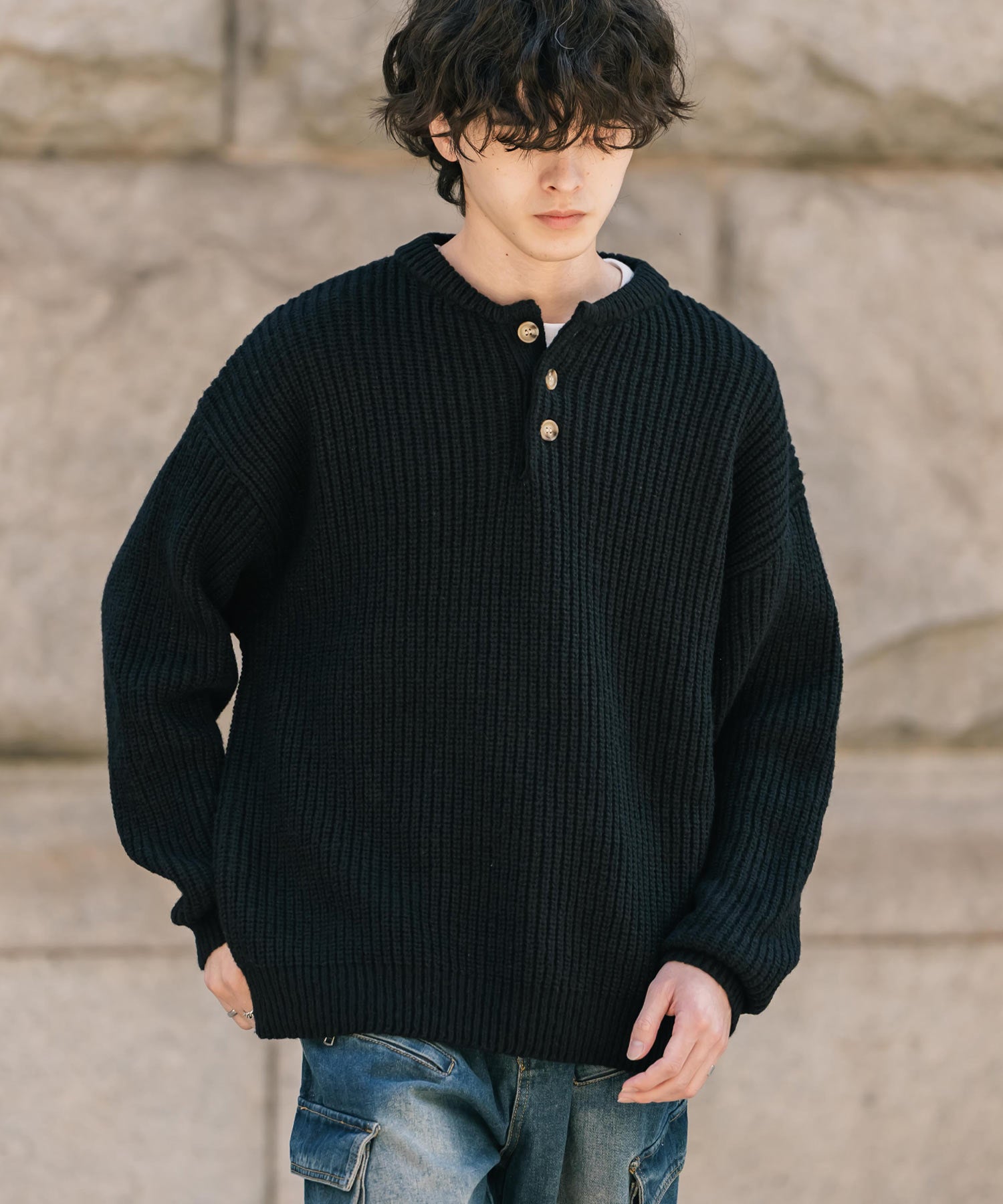 新色追加 オーバーサイズ畦編みヘンリーネックニットセーター 14554