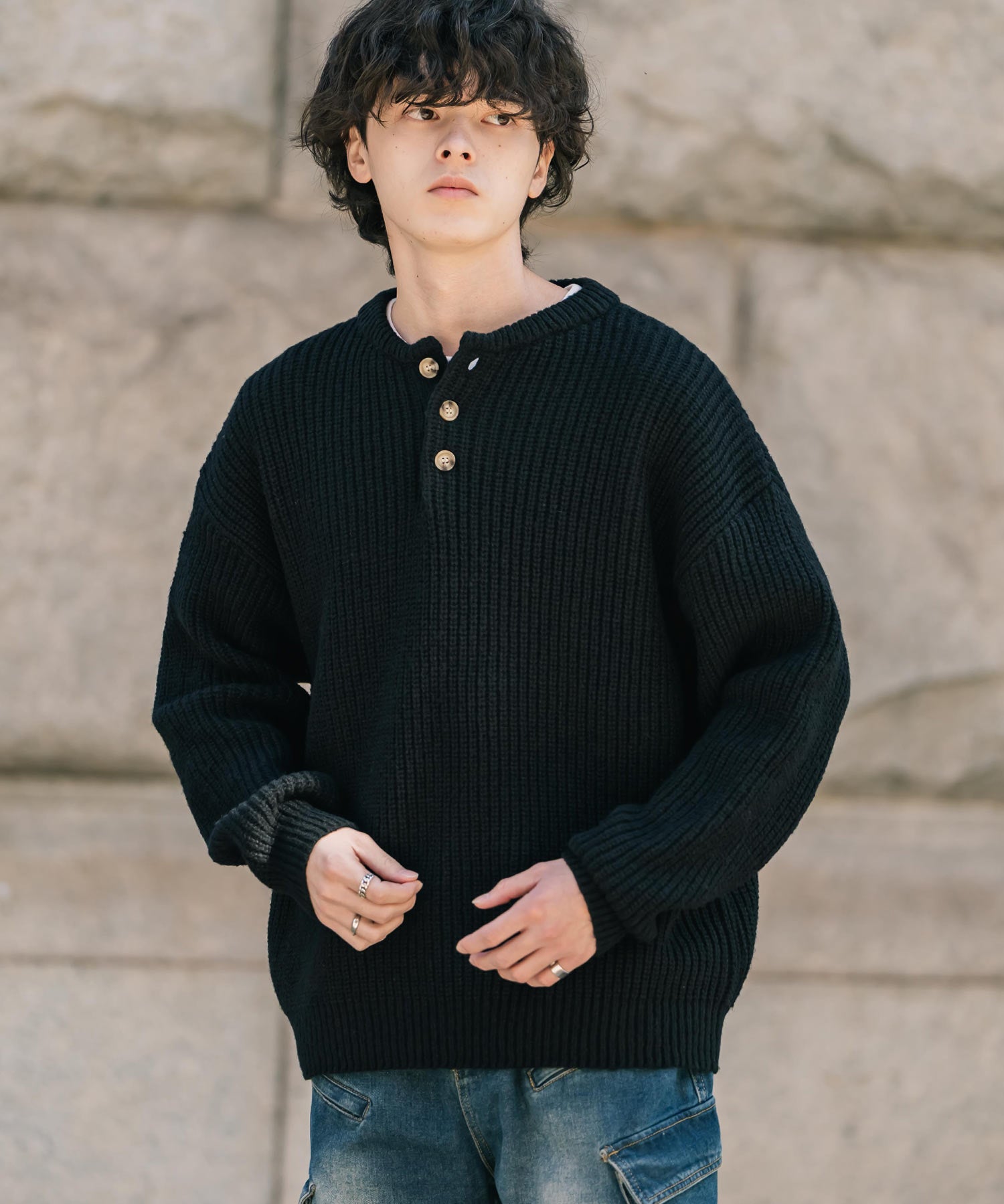 新色追加 オーバーサイズ畦編みヘンリーネックニットセーター	 14554