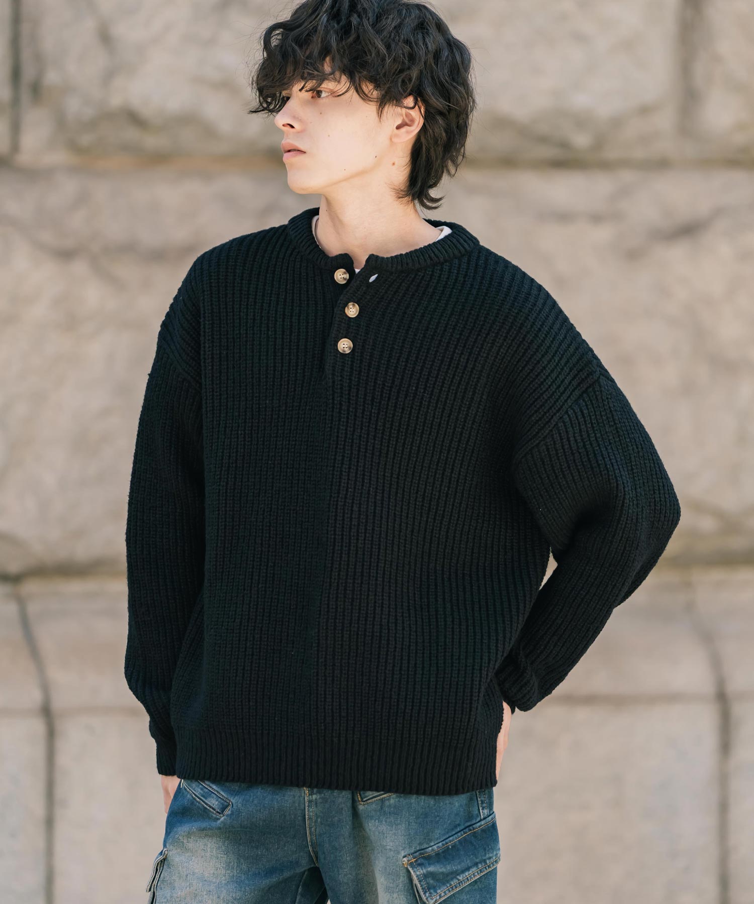 新色追加 オーバーサイズ畦編みヘンリーネックニットセーター 14554
