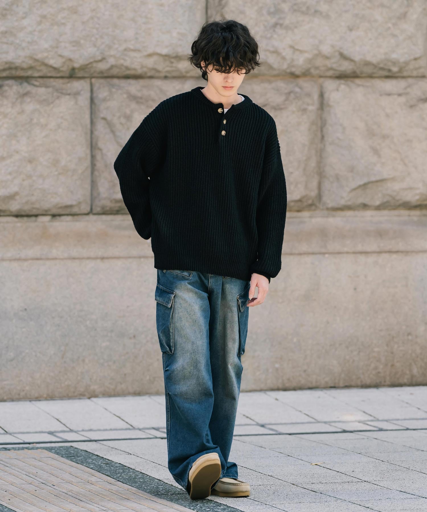 新色追加 オーバーサイズ畦編みヘンリーネックニットセーター	 14554