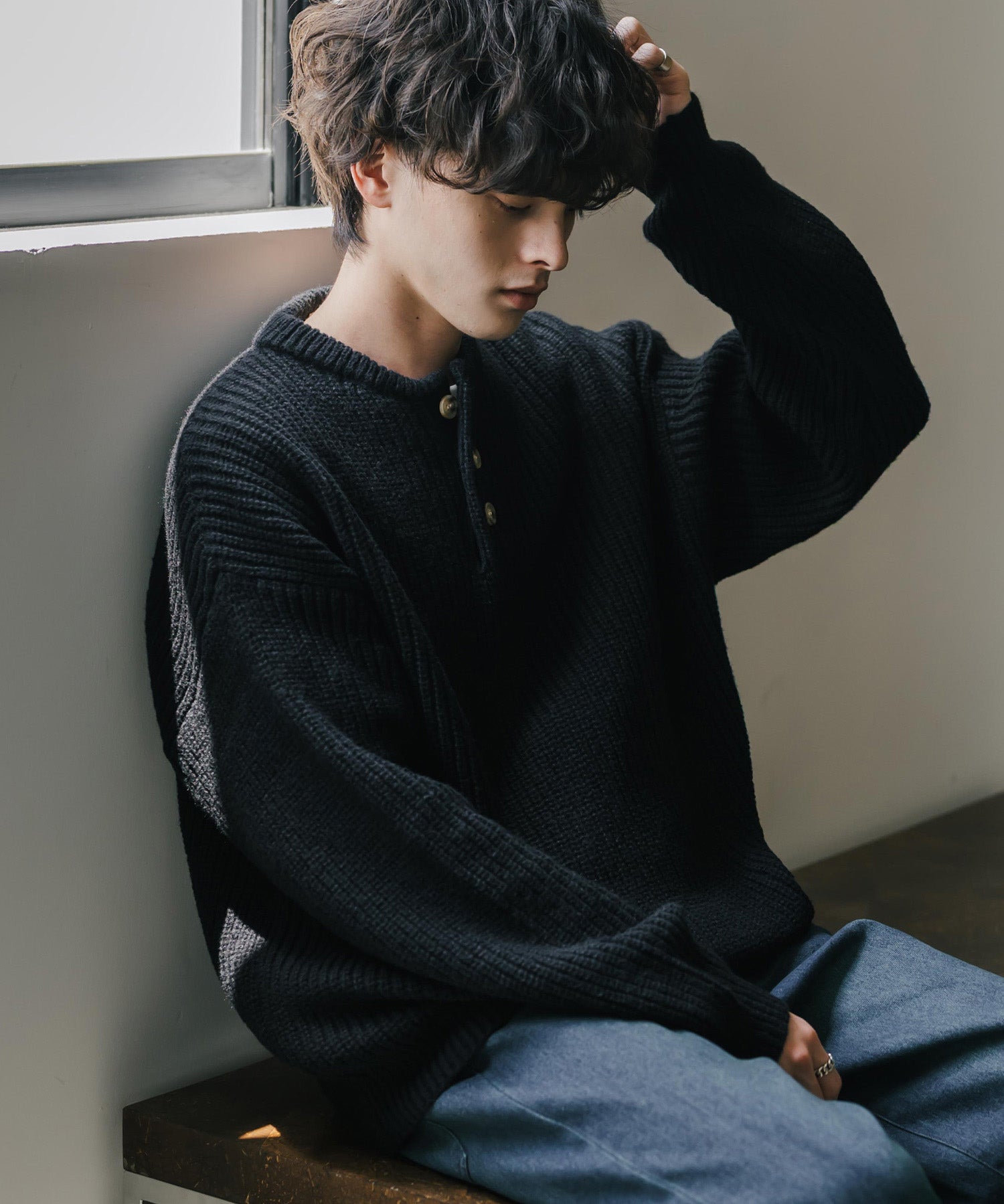 新色追加 オーバーサイズ畦編みヘンリーネックニットセーター	 14554