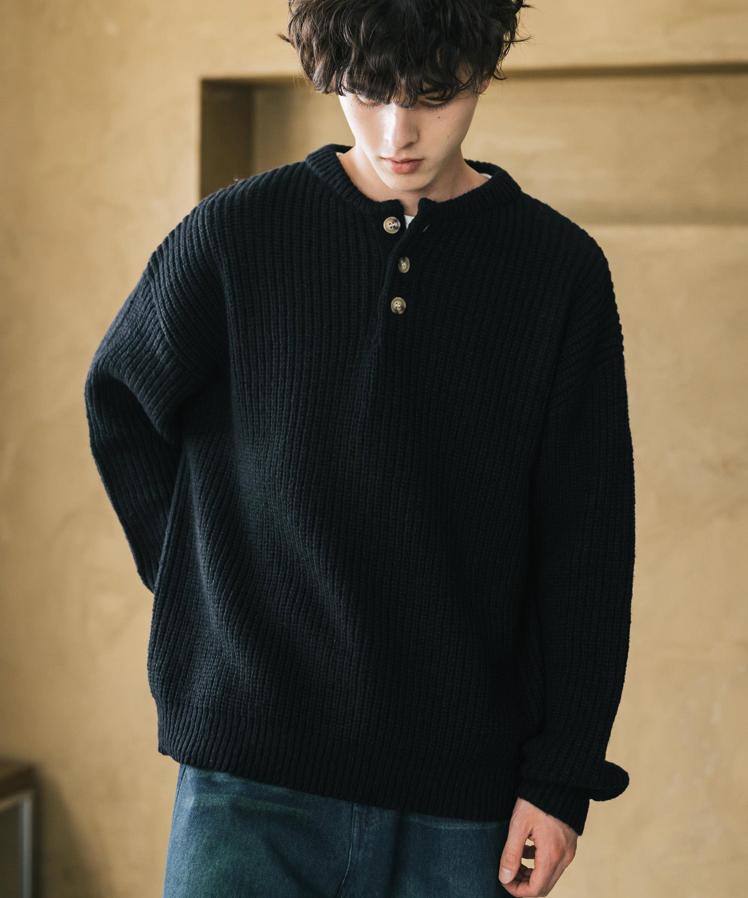 新色追加 オーバーサイズ畦編みヘンリーネックニットセーター	 14554