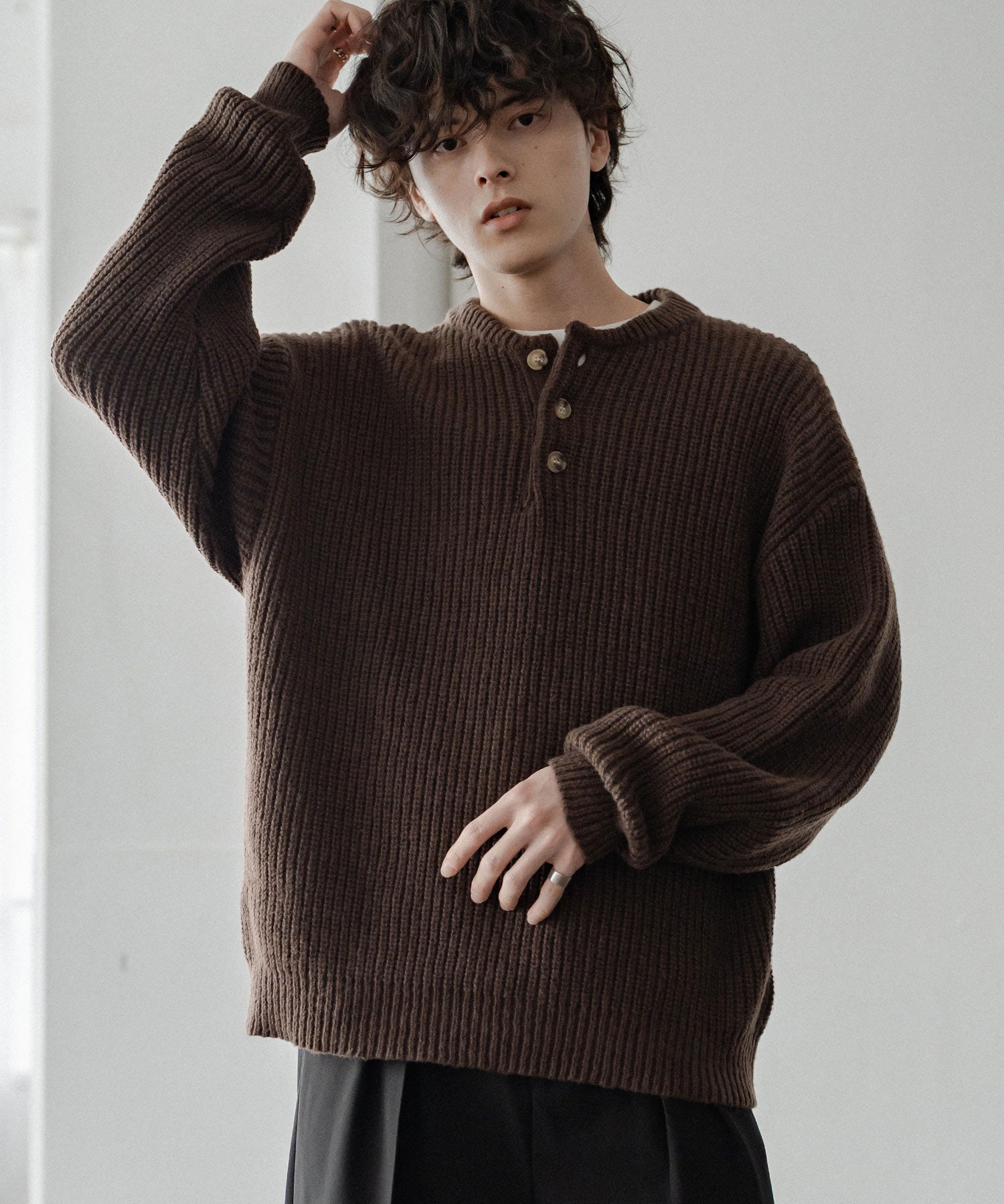 新色追加 オーバーサイズ畦編みヘンリーネックニットセーター	 14554