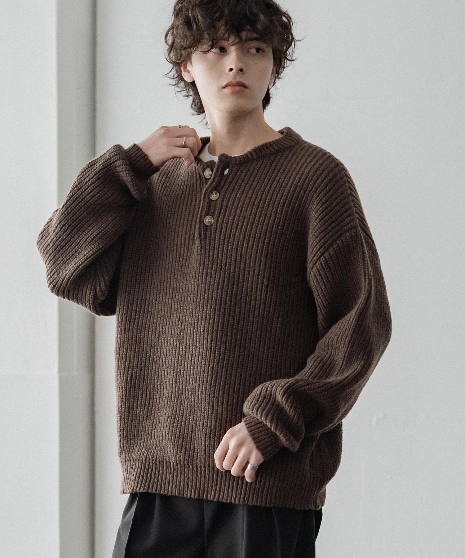 新色追加 オーバーサイズ畦編みヘンリーネックニットセーター	 14554