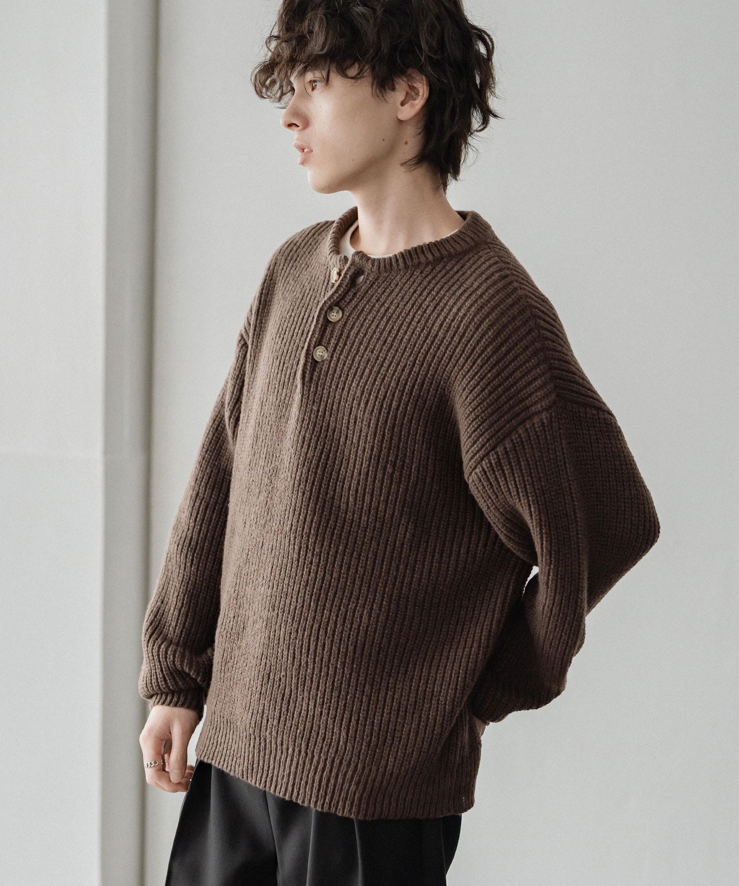 新色追加 オーバーサイズ畦編みヘンリーネックニットセーター	 14554