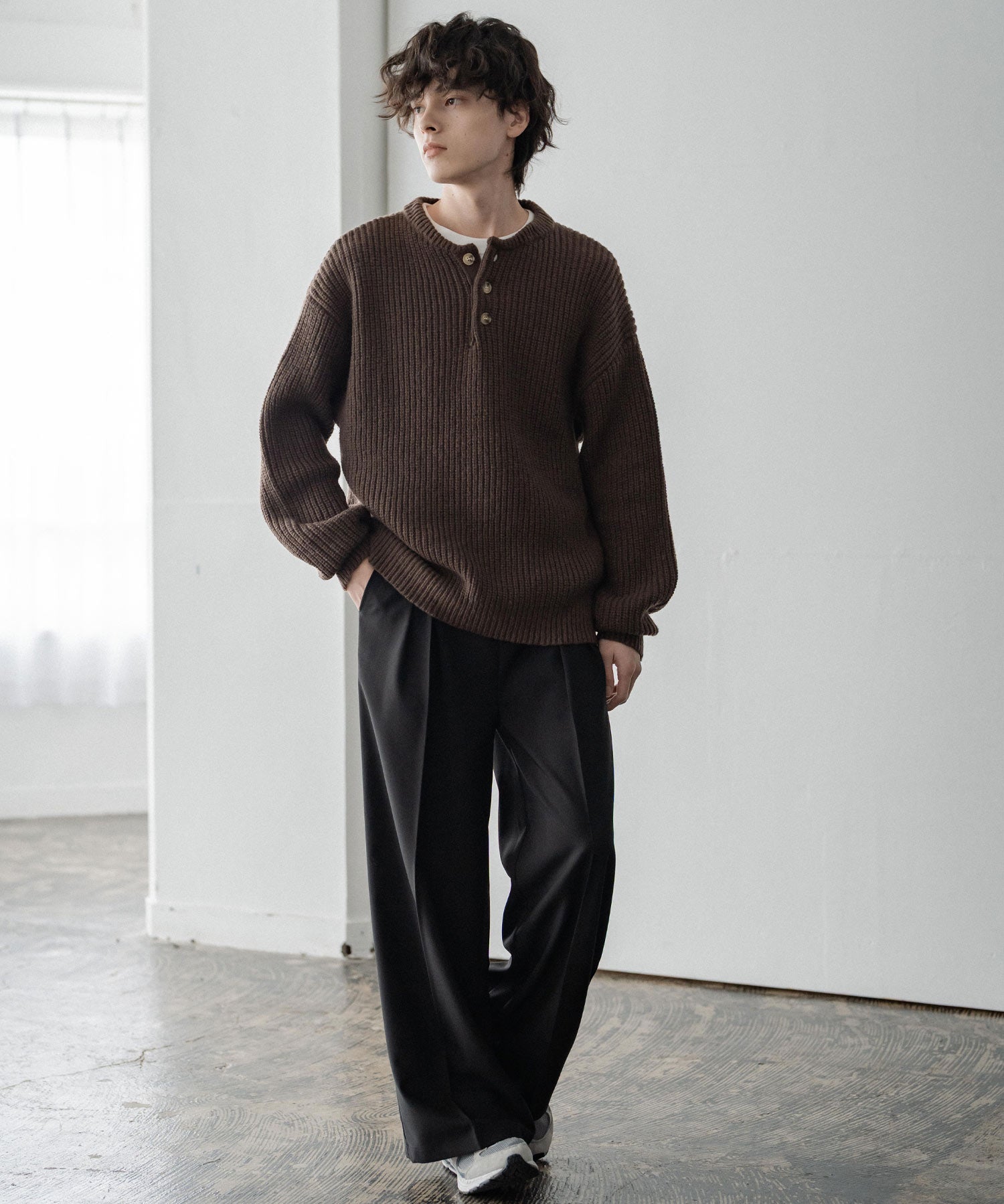 新色追加 オーバーサイズ畦編みヘンリーネックニットセーター	 14554