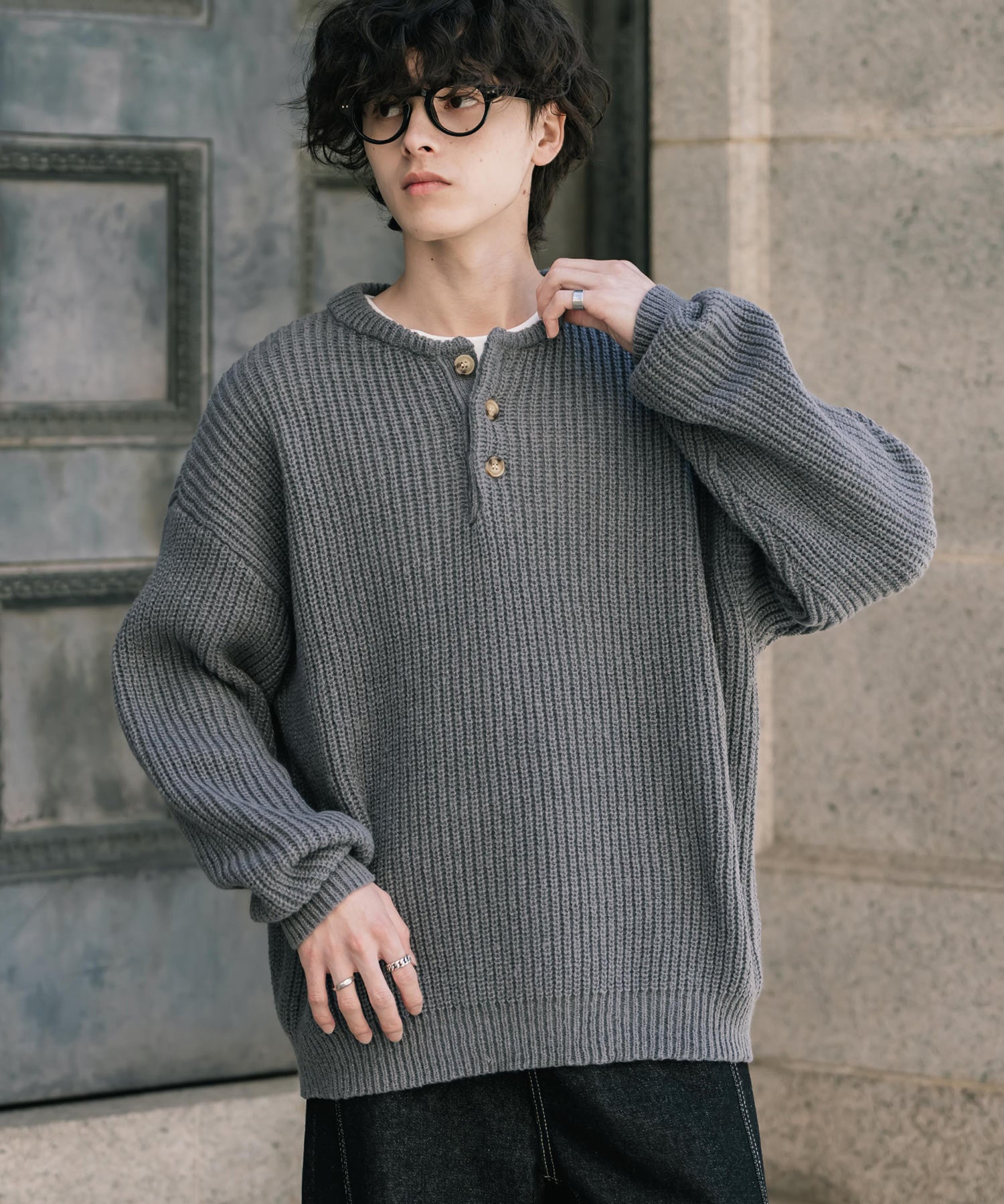 新色追加 オーバーサイズ畦編みヘンリーネックニットセーター	 14554