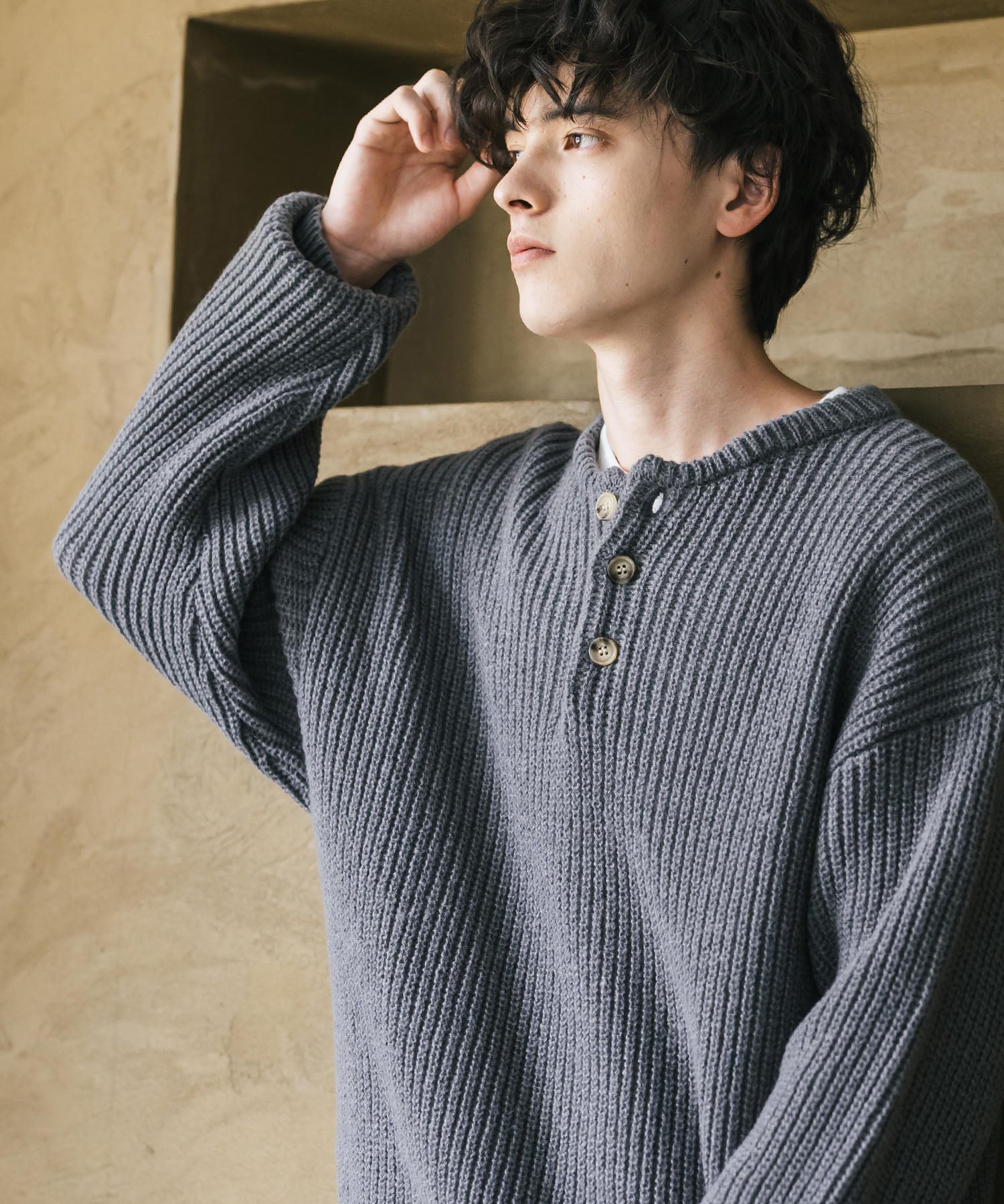 新色追加 オーバーサイズ畦編みヘンリーネックニットセーター	 14554