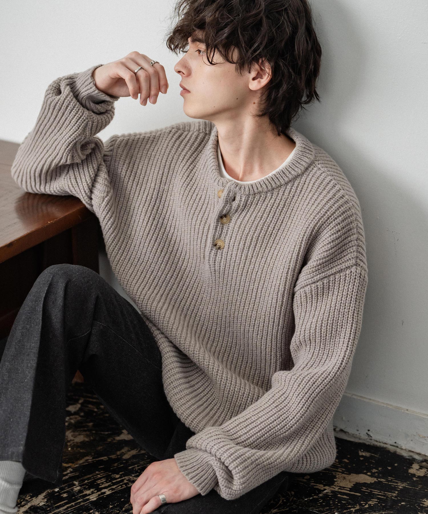 新色追加 オーバーサイズ畦編みヘンリーネックニットセーター	 14554