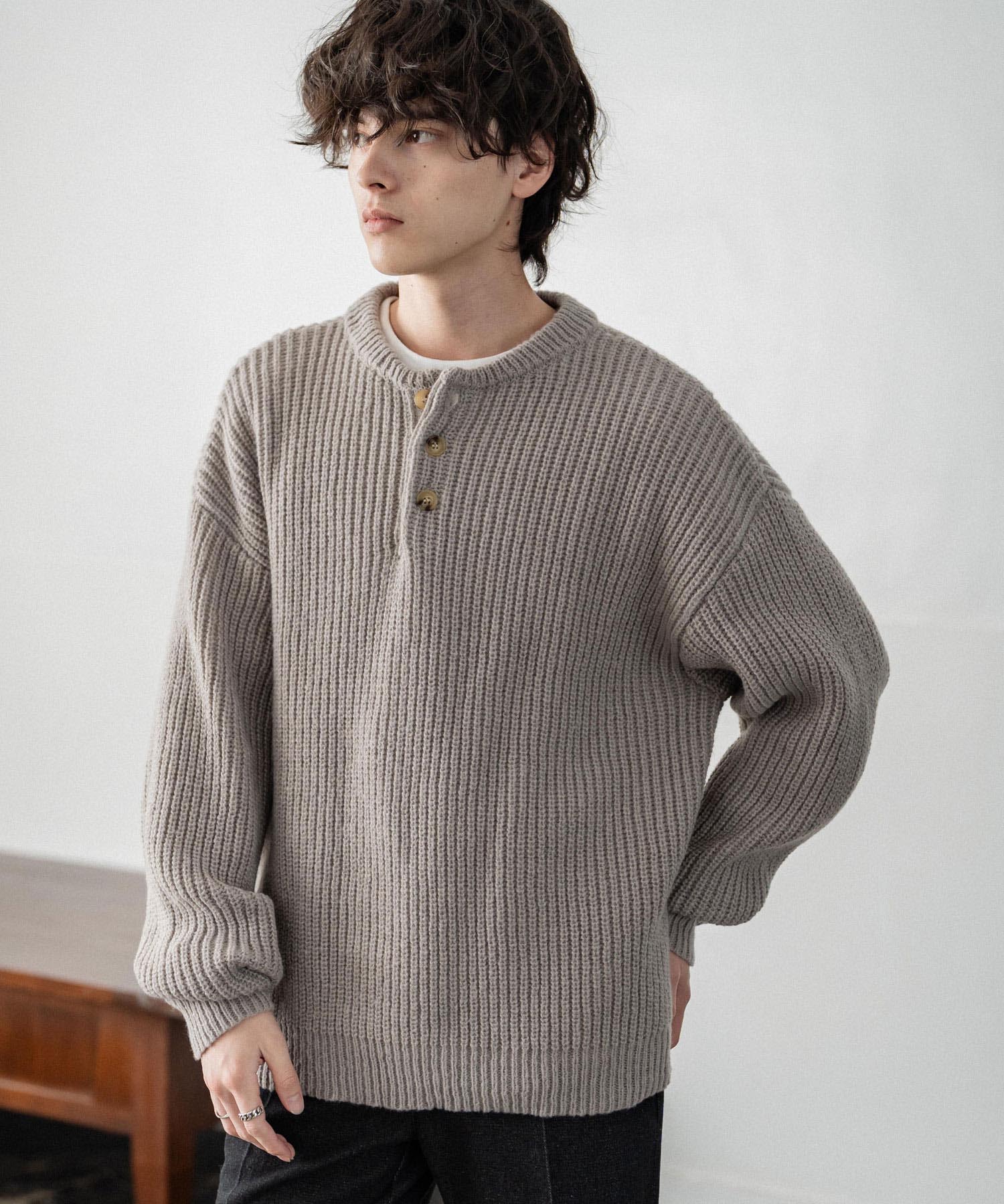 新色追加 オーバーサイズ畦編みヘンリーネックニットセーター 14554