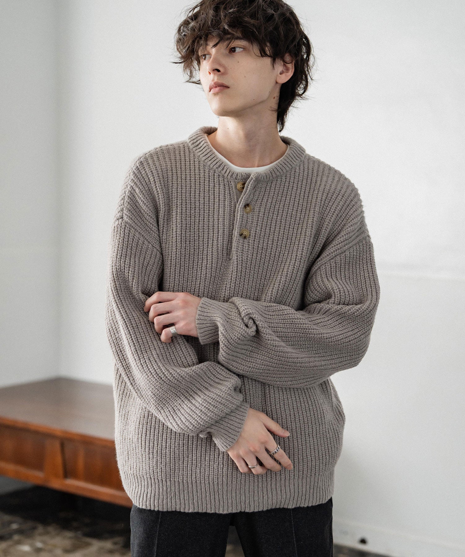 新色追加 オーバーサイズ畦編みヘンリーネックニットセーター	 14554