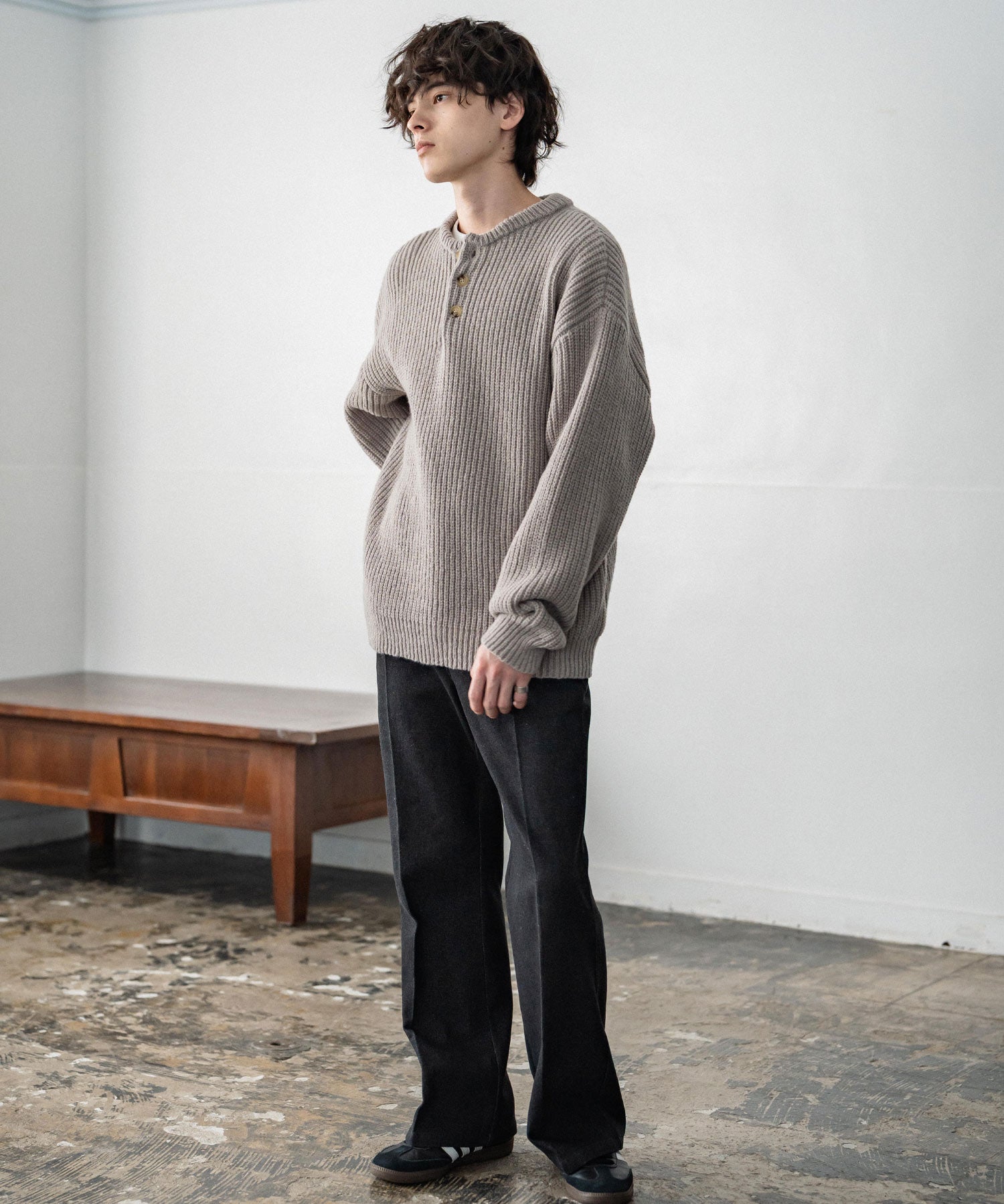 新色追加 オーバーサイズ畦編みヘンリーネックニットセーター	 14554