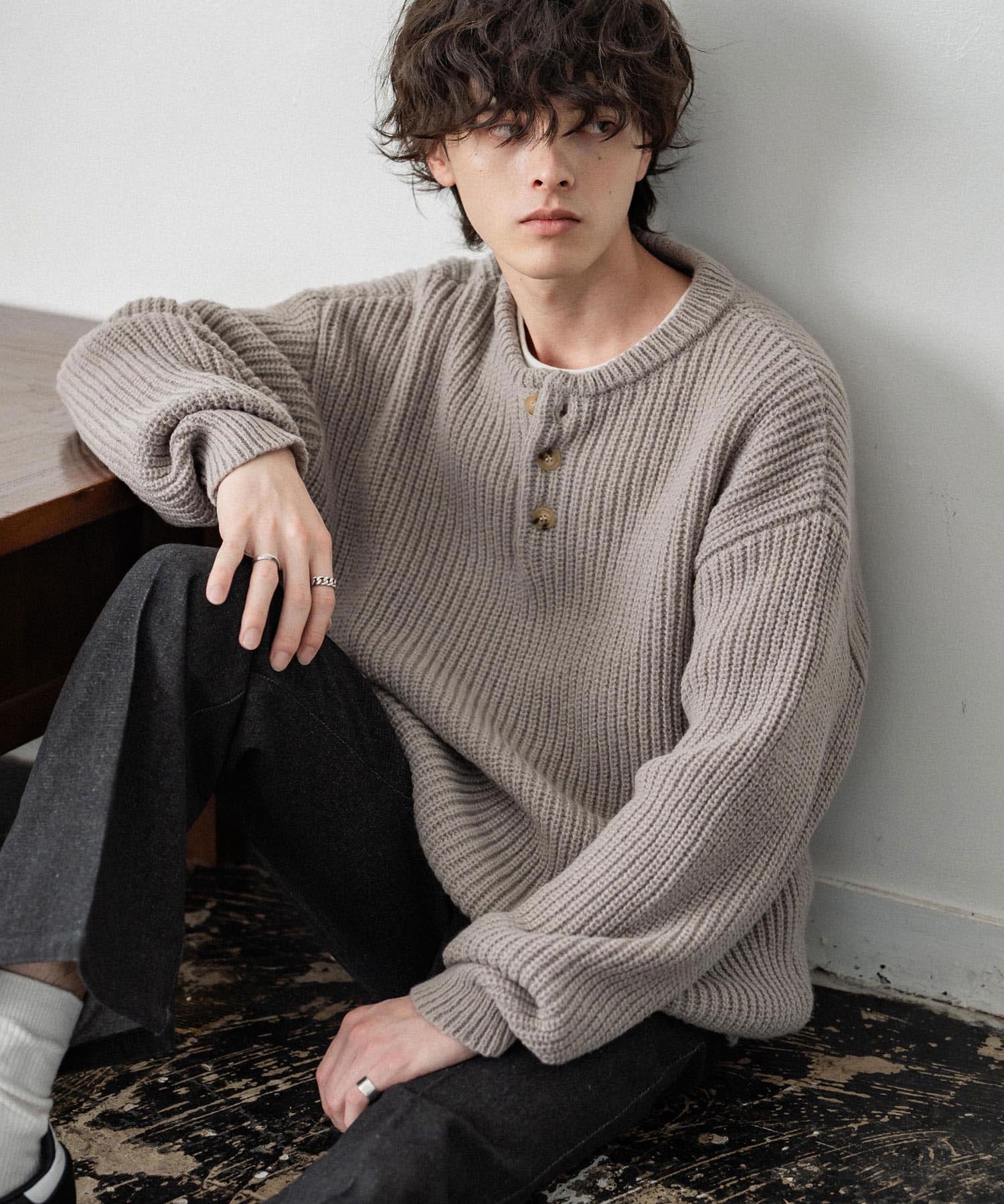 新色追加 オーバーサイズ畦編みヘンリーネックニットセーター	 14554