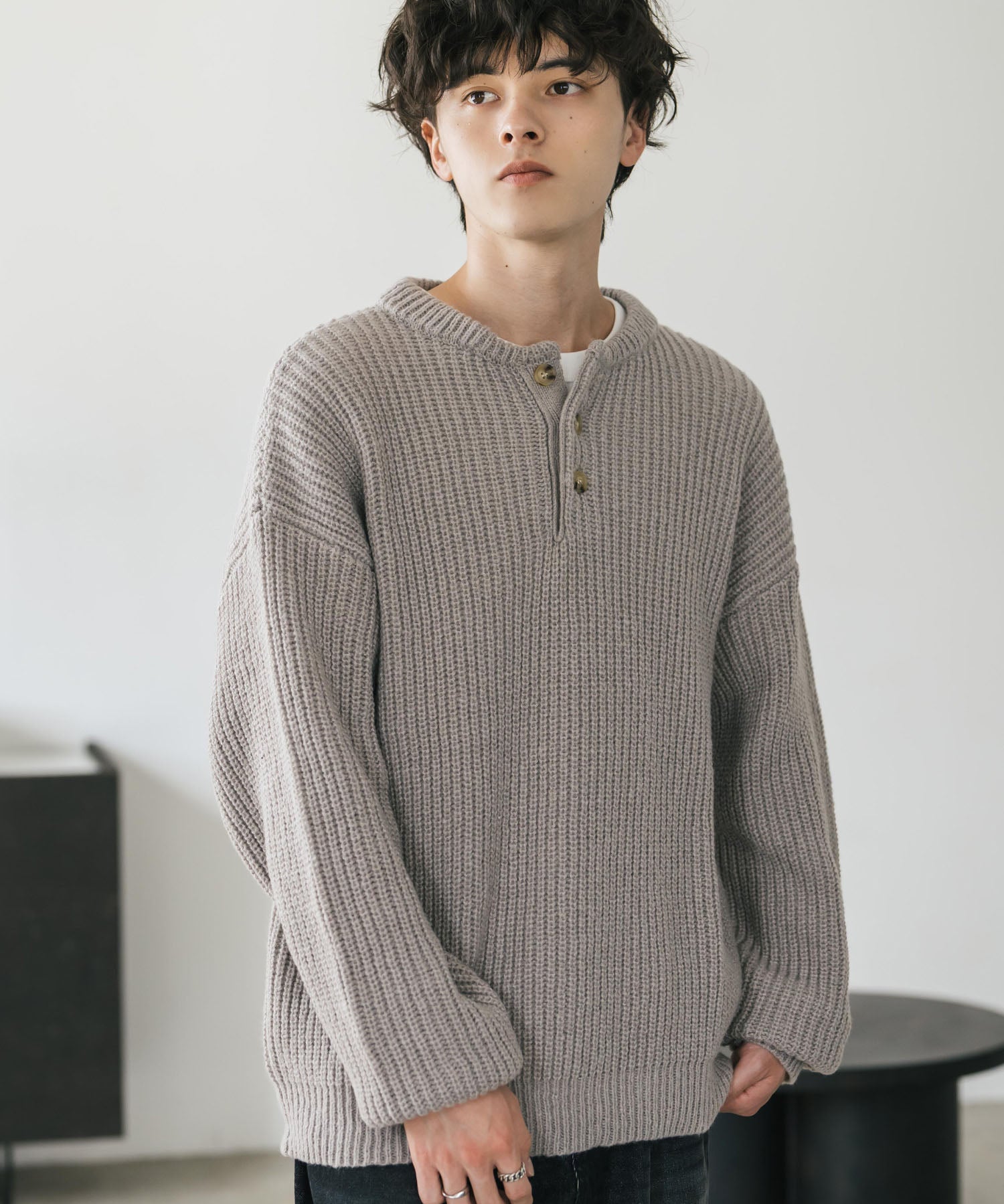 新色追加 オーバーサイズ畦編みヘンリーネックニットセーター	 14554