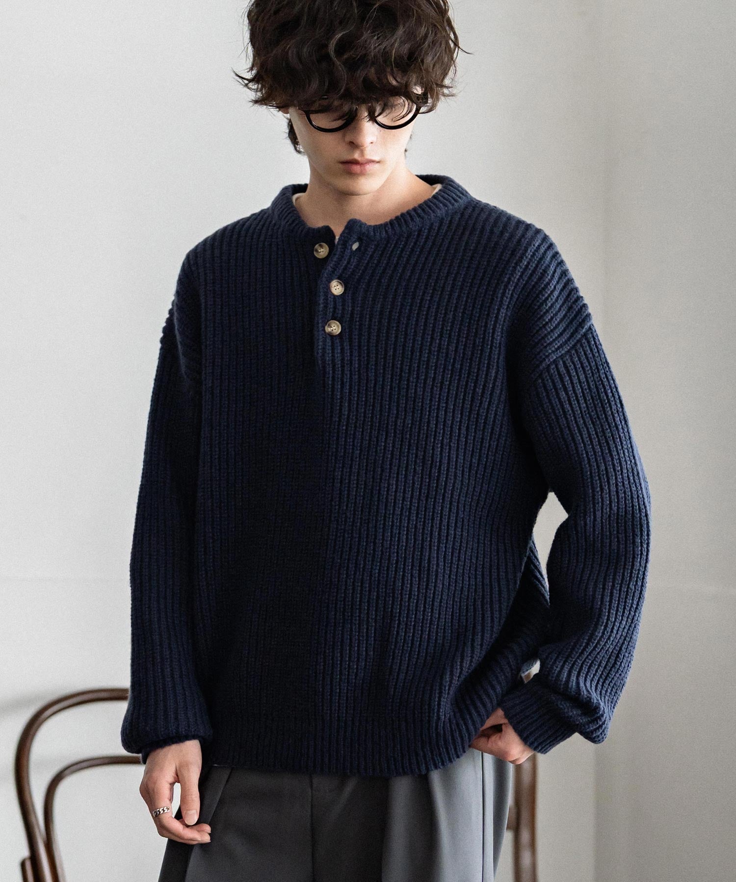 新色追加 オーバーサイズ畦編みヘンリーネックニットセーター	 14554