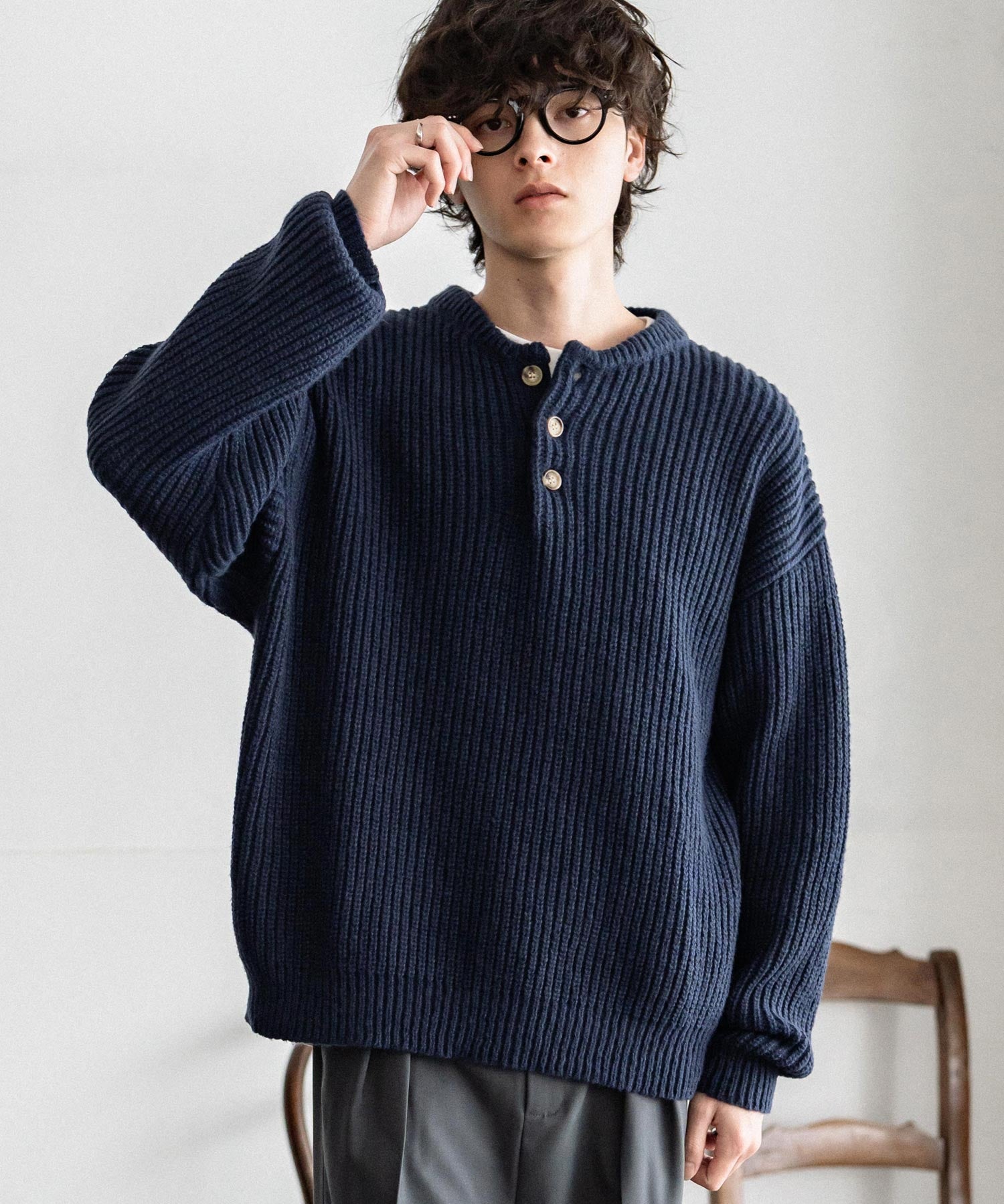 新色追加 オーバーサイズ畦編みヘンリーネックニットセーター	 14554