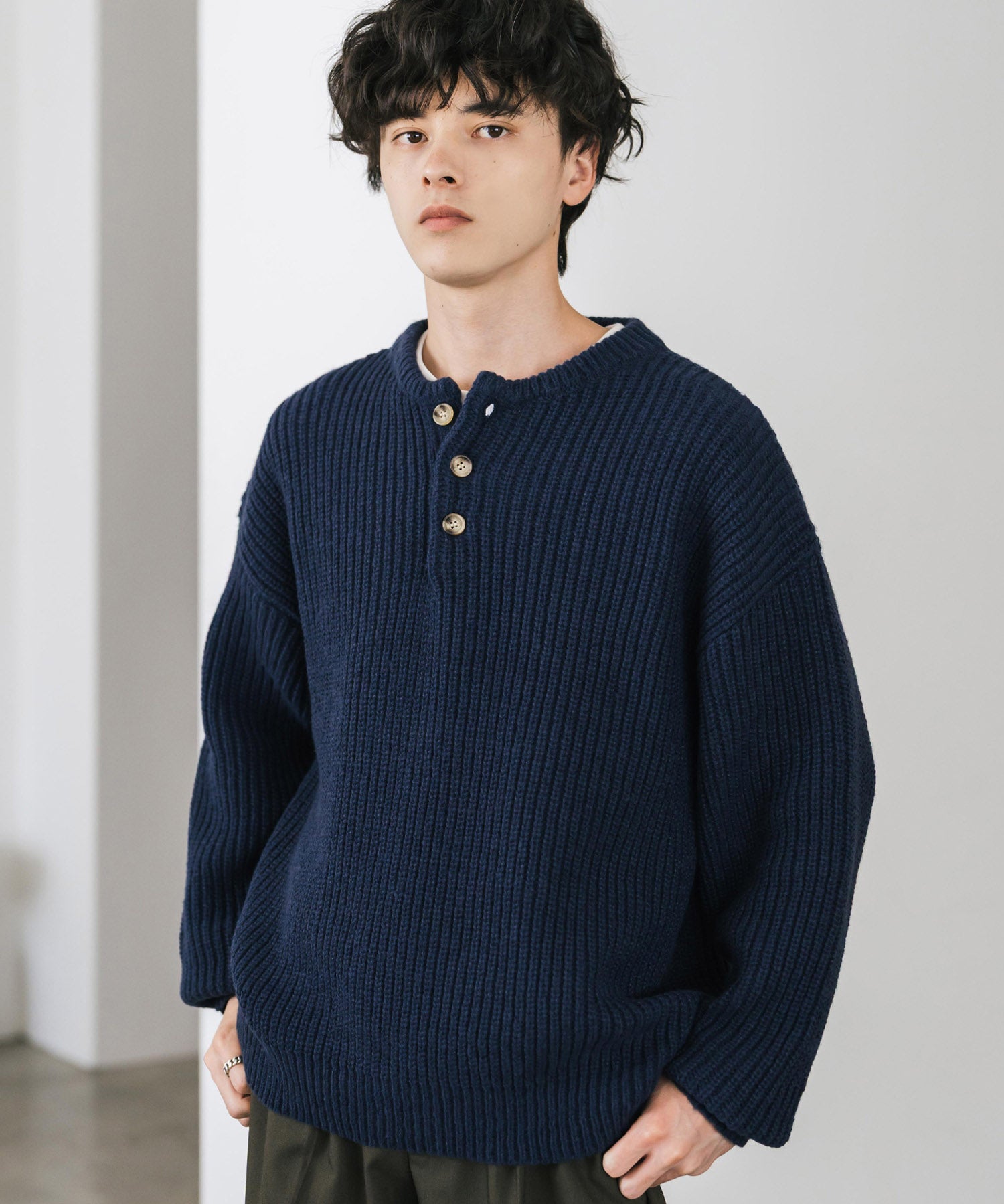 新色追加 オーバーサイズ畦編みヘンリーネックニットセーター	 14554