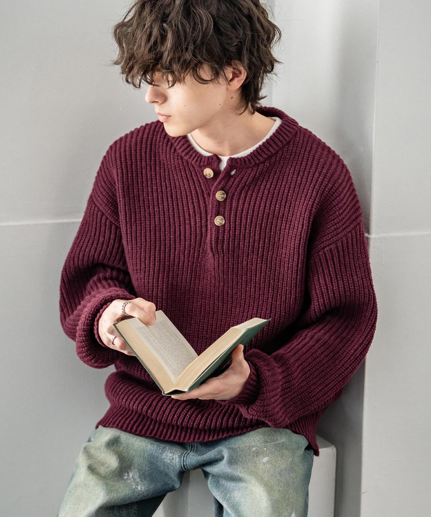 新色追加 オーバーサイズ畦編みヘンリーネックニットセーター	 14554