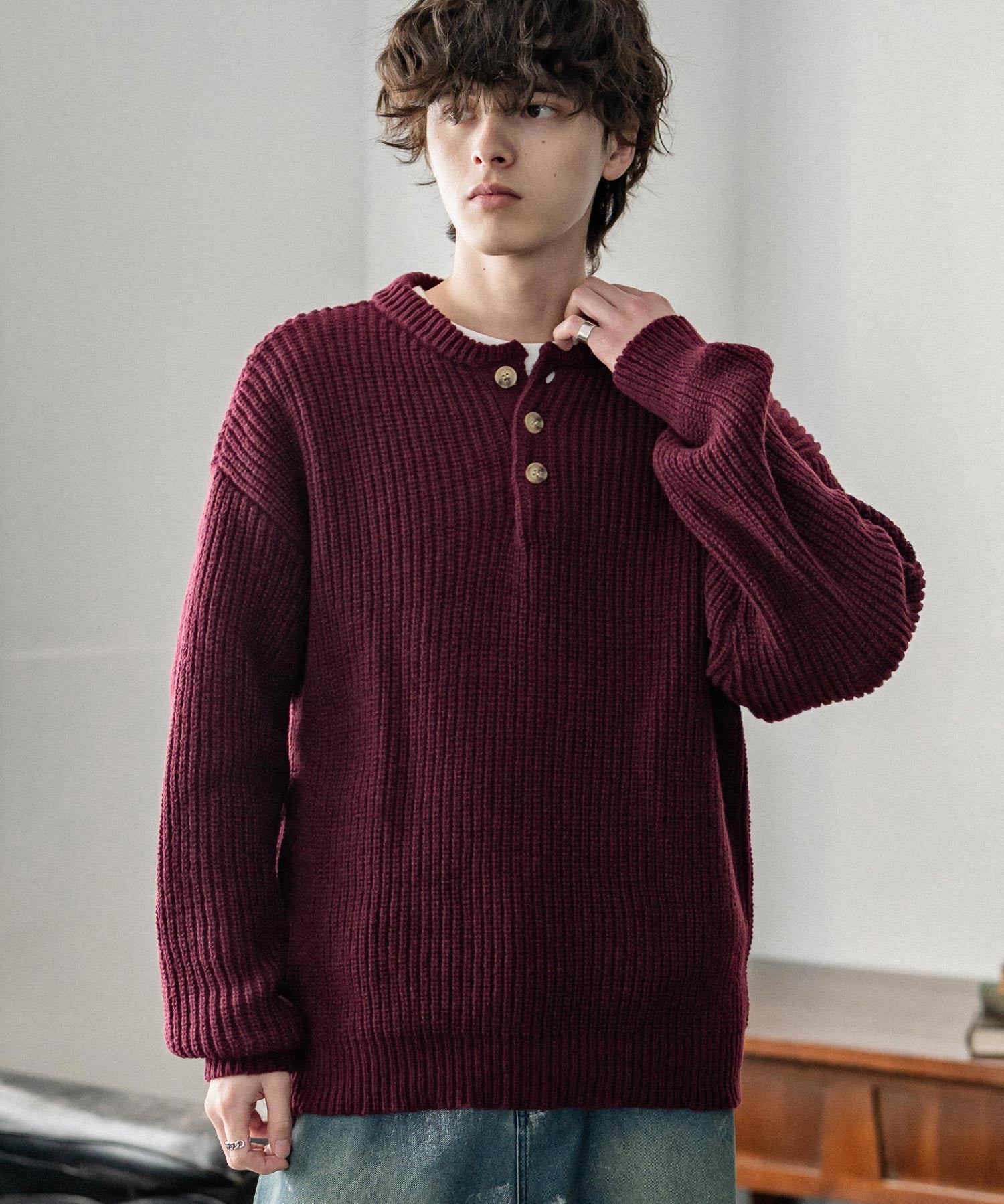 新色追加 オーバーサイズ畦編みヘンリーネックニットセーター	 14554