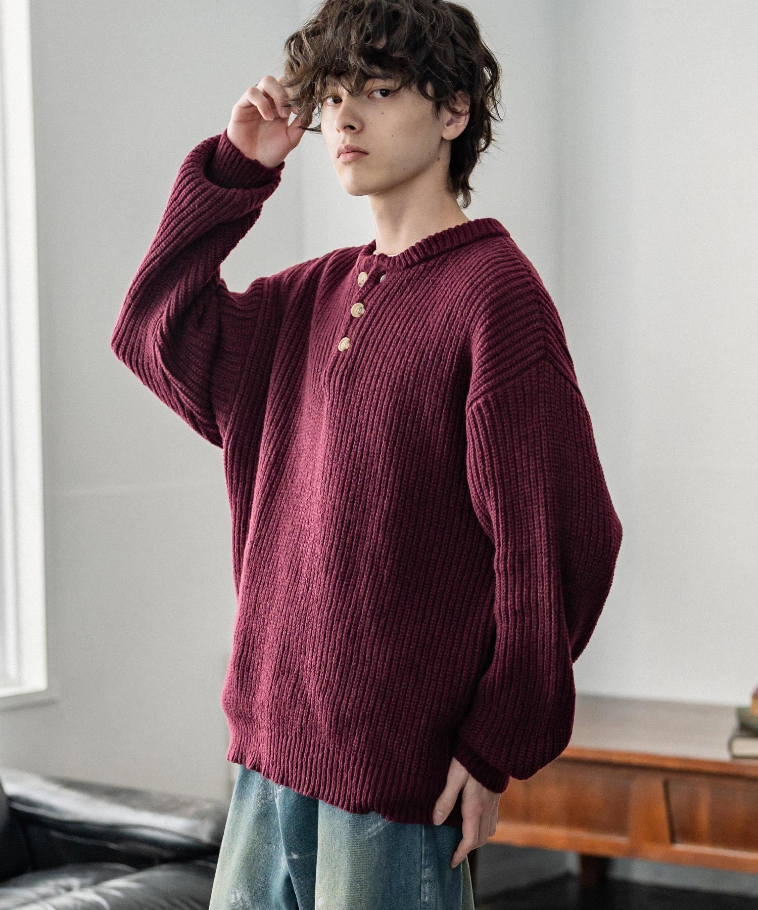 新色追加 オーバーサイズ畦編みヘンリーネックニットセーター	 14554