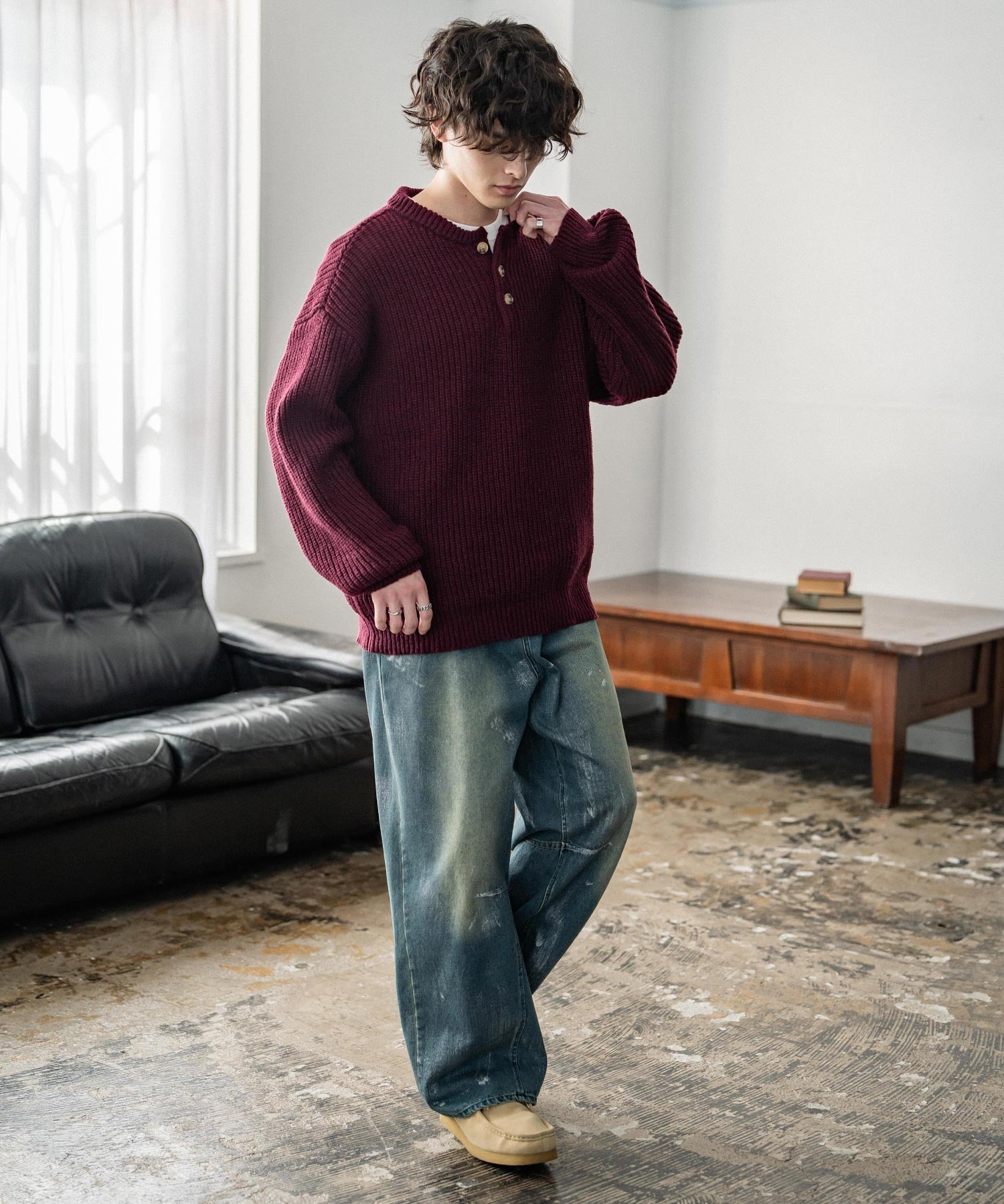 新色追加 オーバーサイズ畦編みヘンリーネックニットセーター	 14554