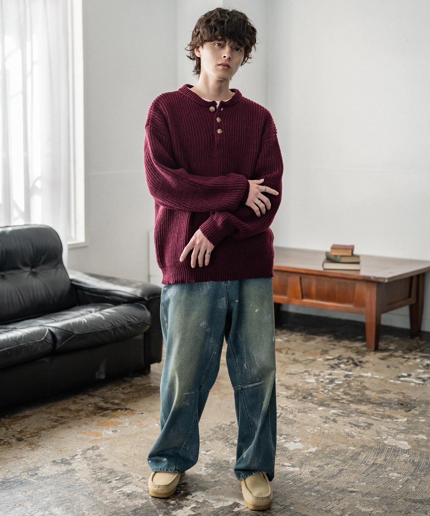 新色追加 オーバーサイズ畦編みヘンリーネックニットセーター	 14554