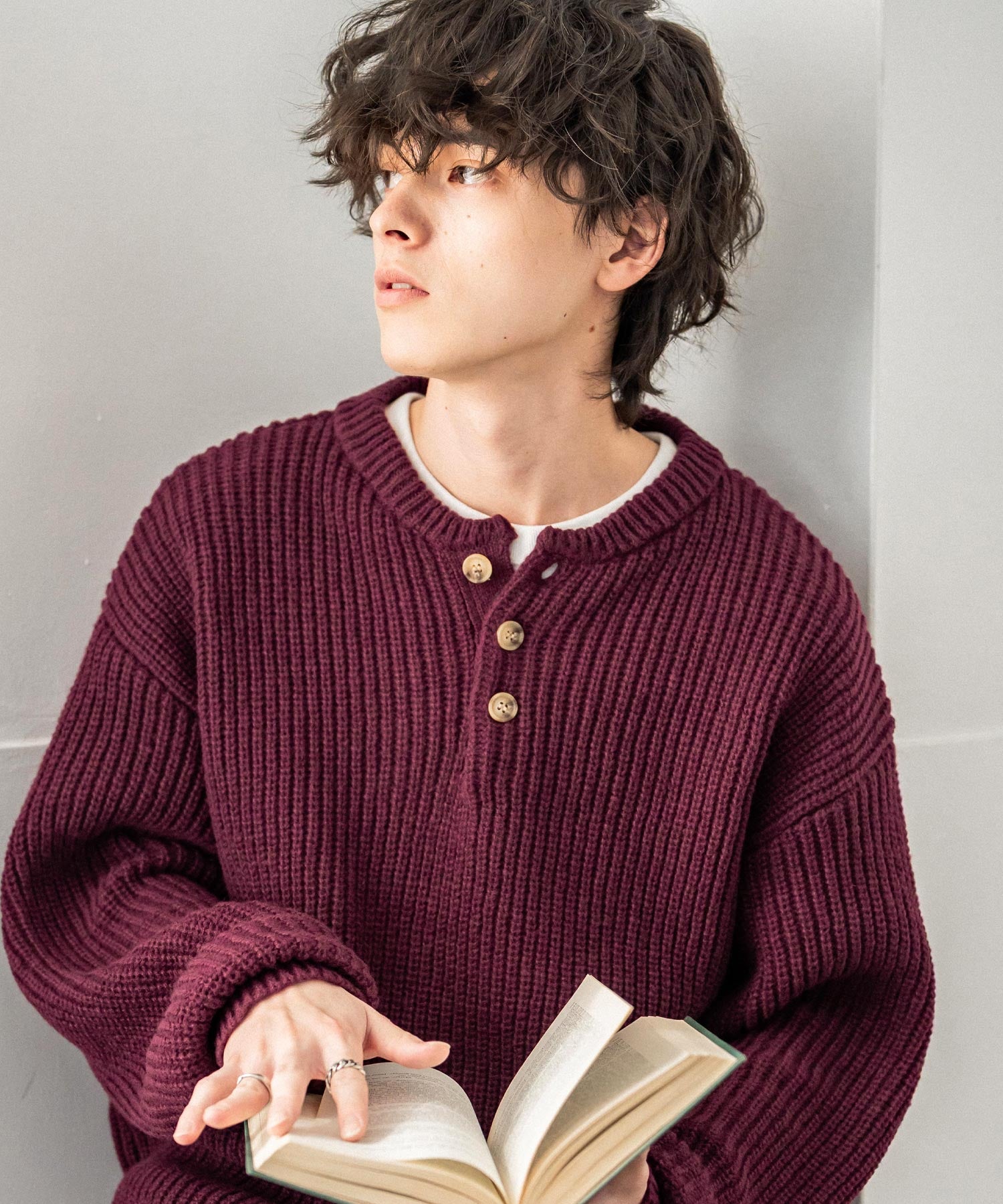 新色追加 オーバーサイズ畦編みヘンリーネックニットセーター	 14554