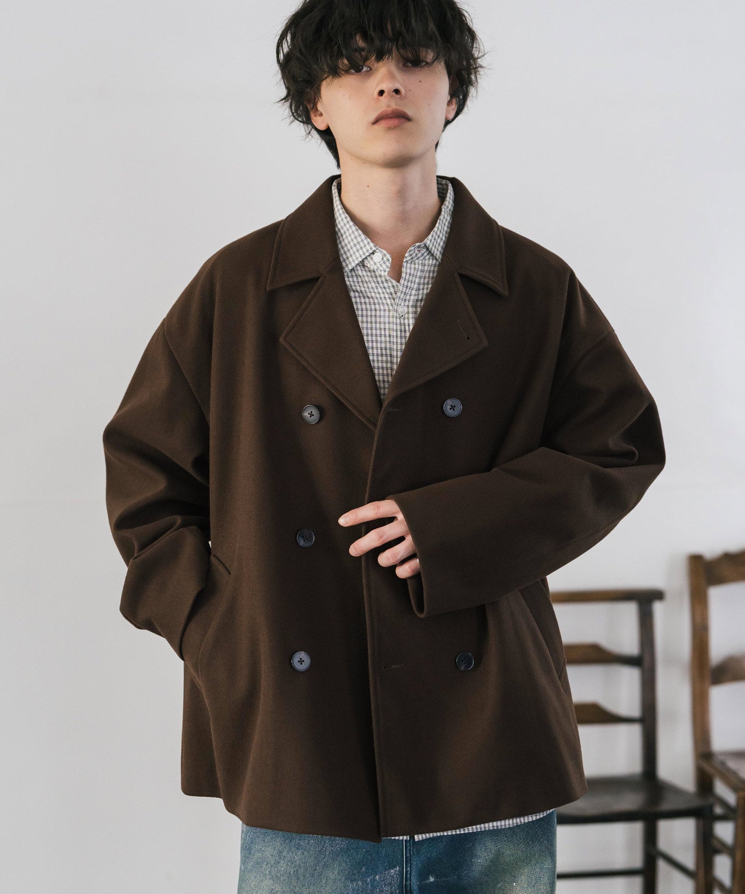 d.i.a. ブラウン コーデュロイ ダブルブレストピーコート 新色追加 T/M オーバーサイズダブルブレストテックメルトン無地