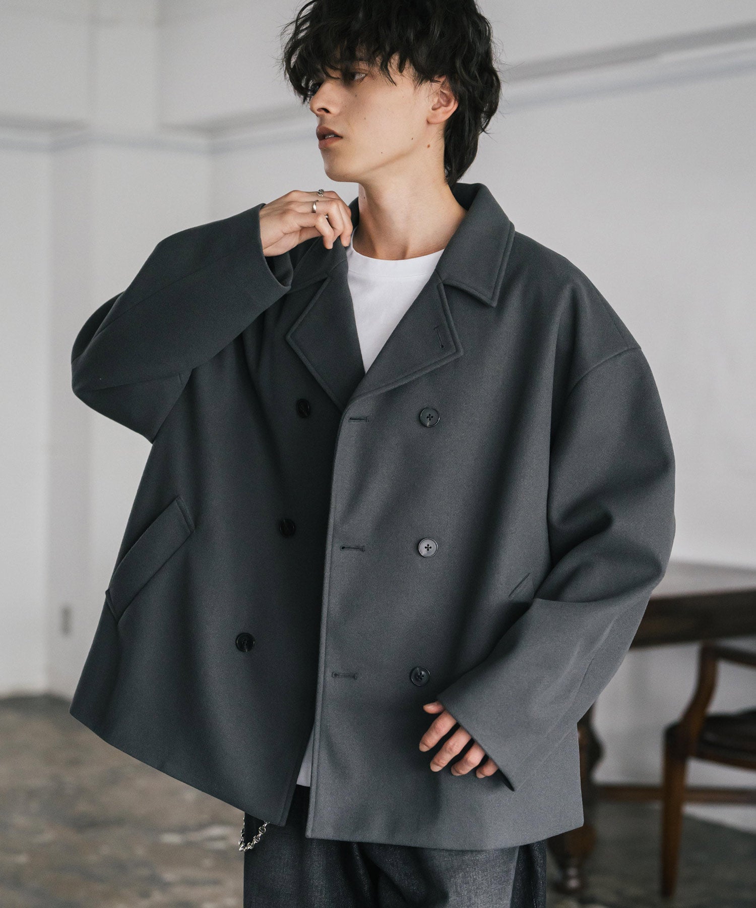 新色追加 T/M オーバーサイズダブルブレストテックメルトン無地