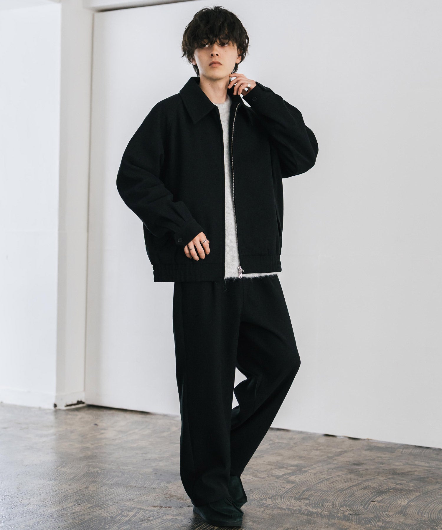 T/Mショート丈ハリントンジャケット＆ワイドイージーパンツ無地