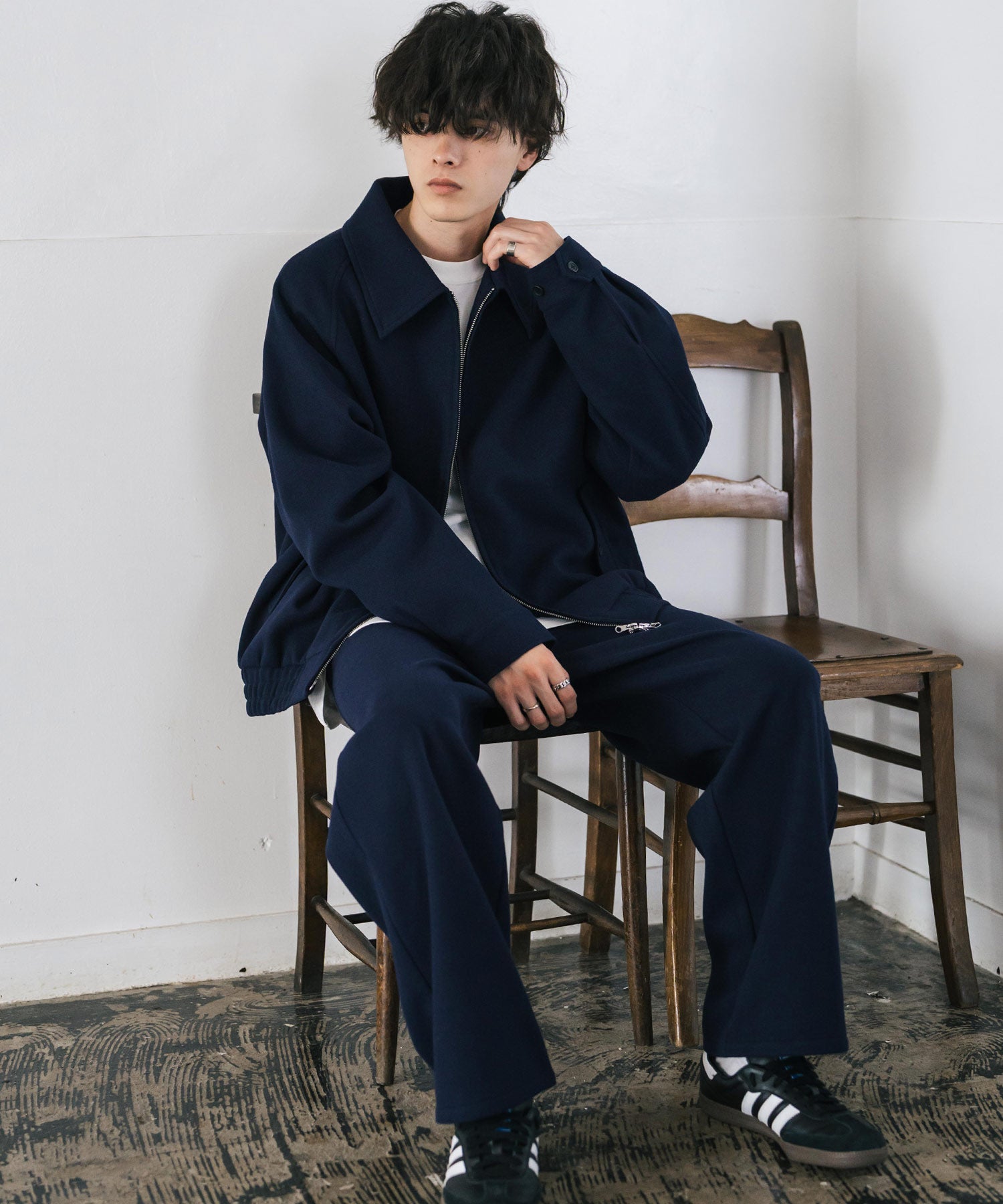 T/Mショート丈ハリントンジャケット＆ワイドイージーパンツ無地