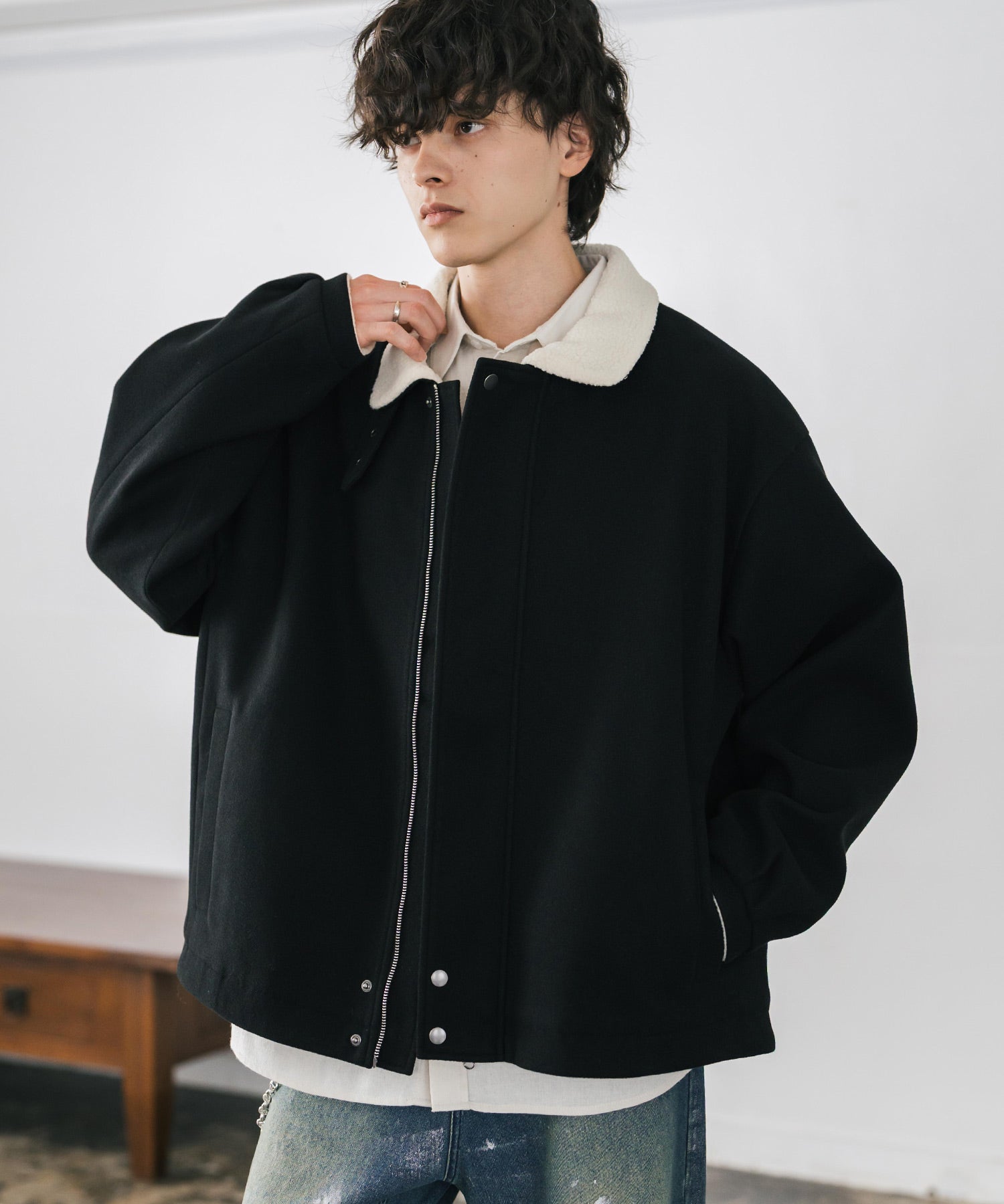 オーバーサイズ 裏ボアメルトン2WAYショートジャケット/ベルト