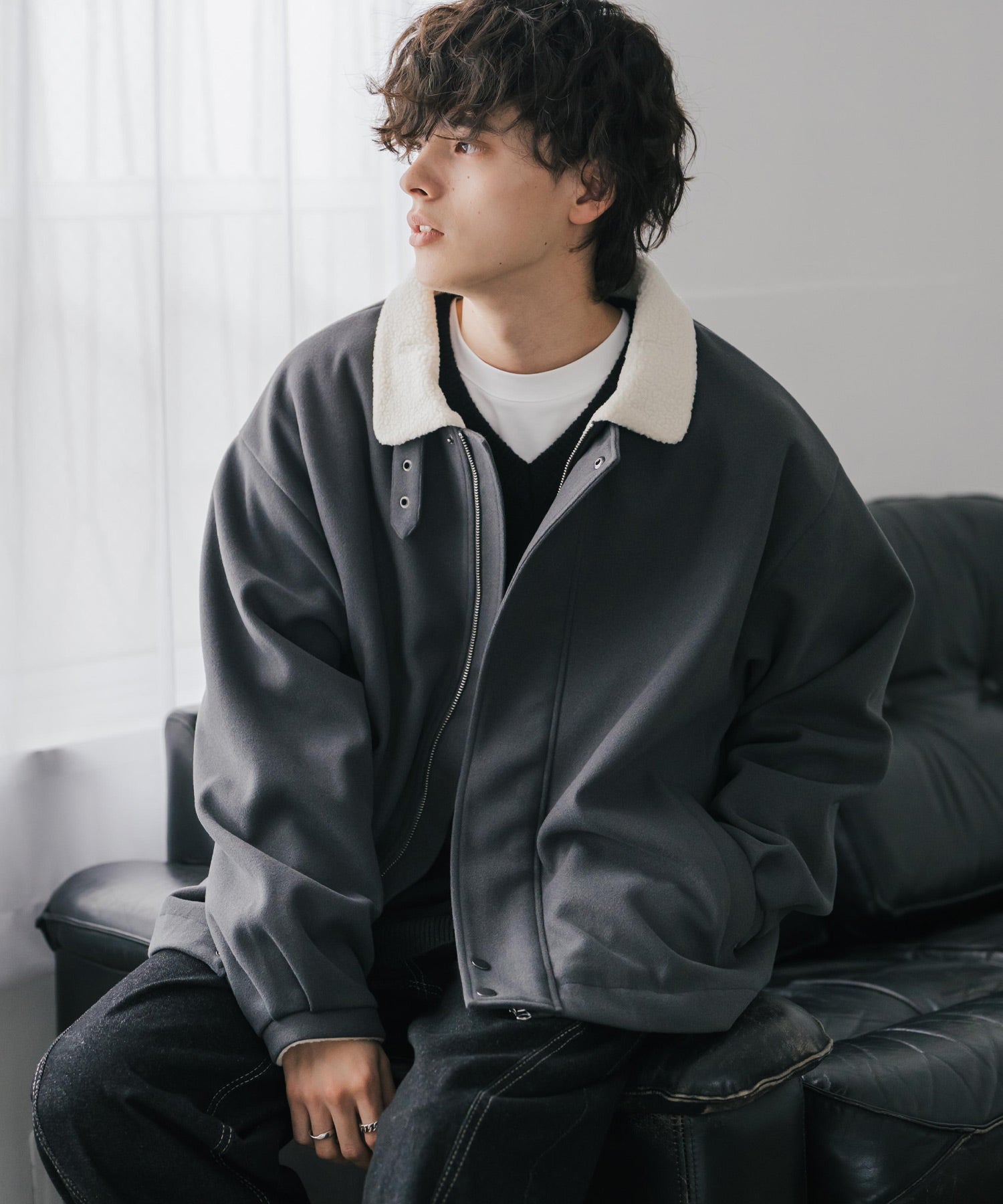 オーバーサイズ 裏ボアメルトン2WAYショートジャケット/ベルト