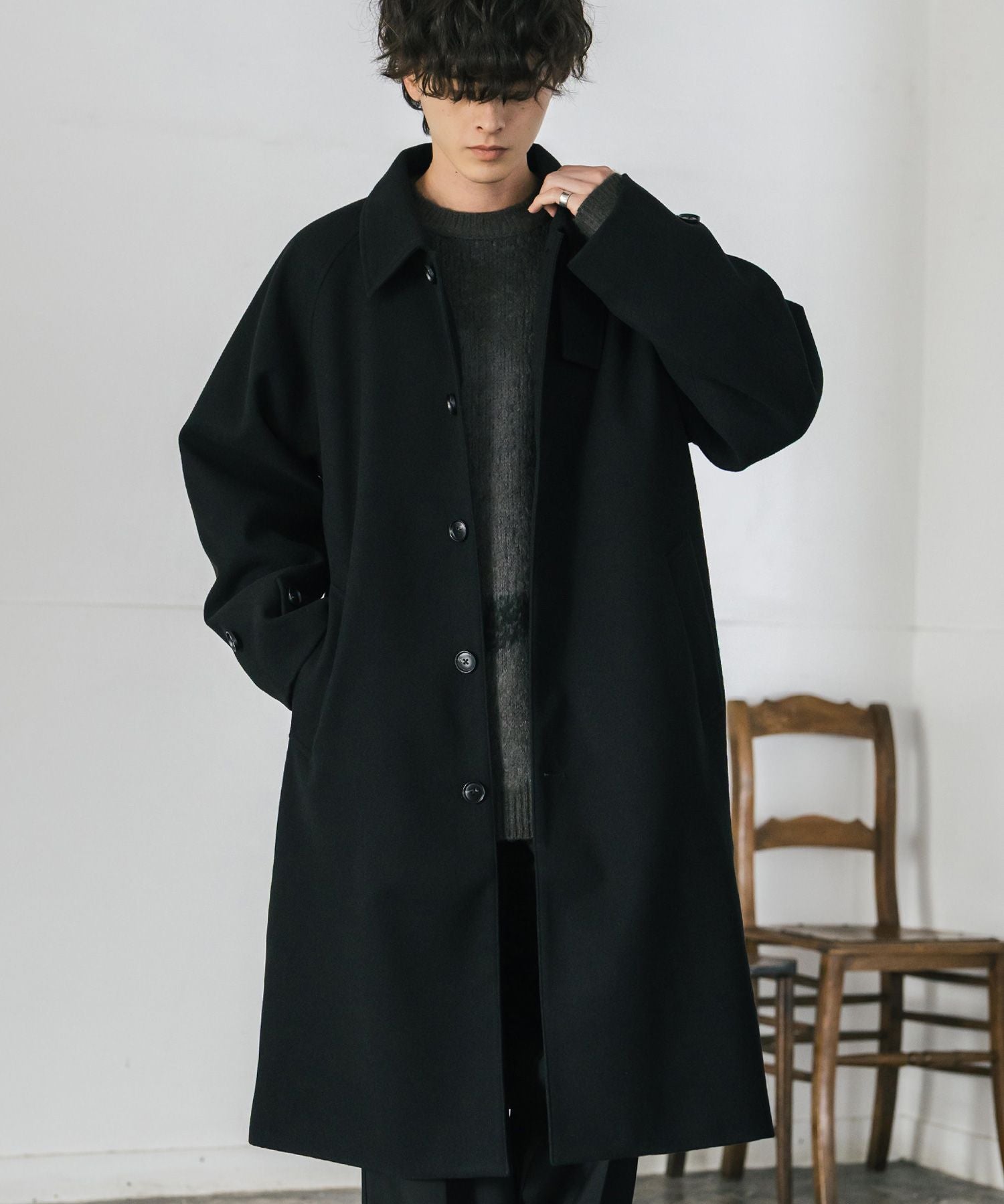 オーバーサイズ T/M ラグランロングステンカラーコート/2WAYチンストラップ付きスタンドネックロングコート 14616