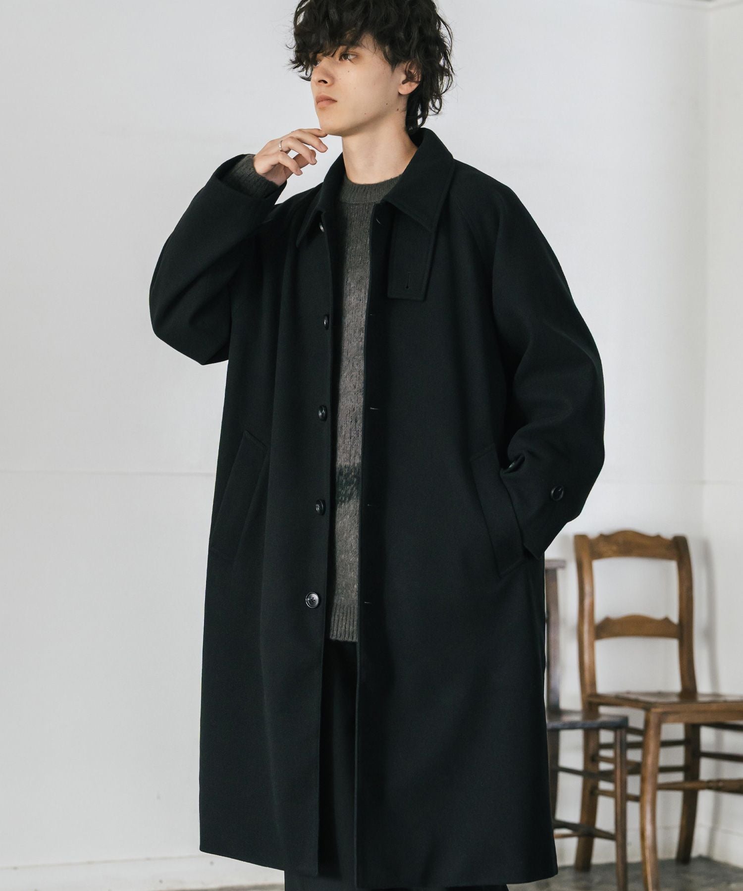 オーバーサイズ T/M ラグランロングステンカラーコート/2WAYチンストラップ付きスタンドネックロングコート 14616