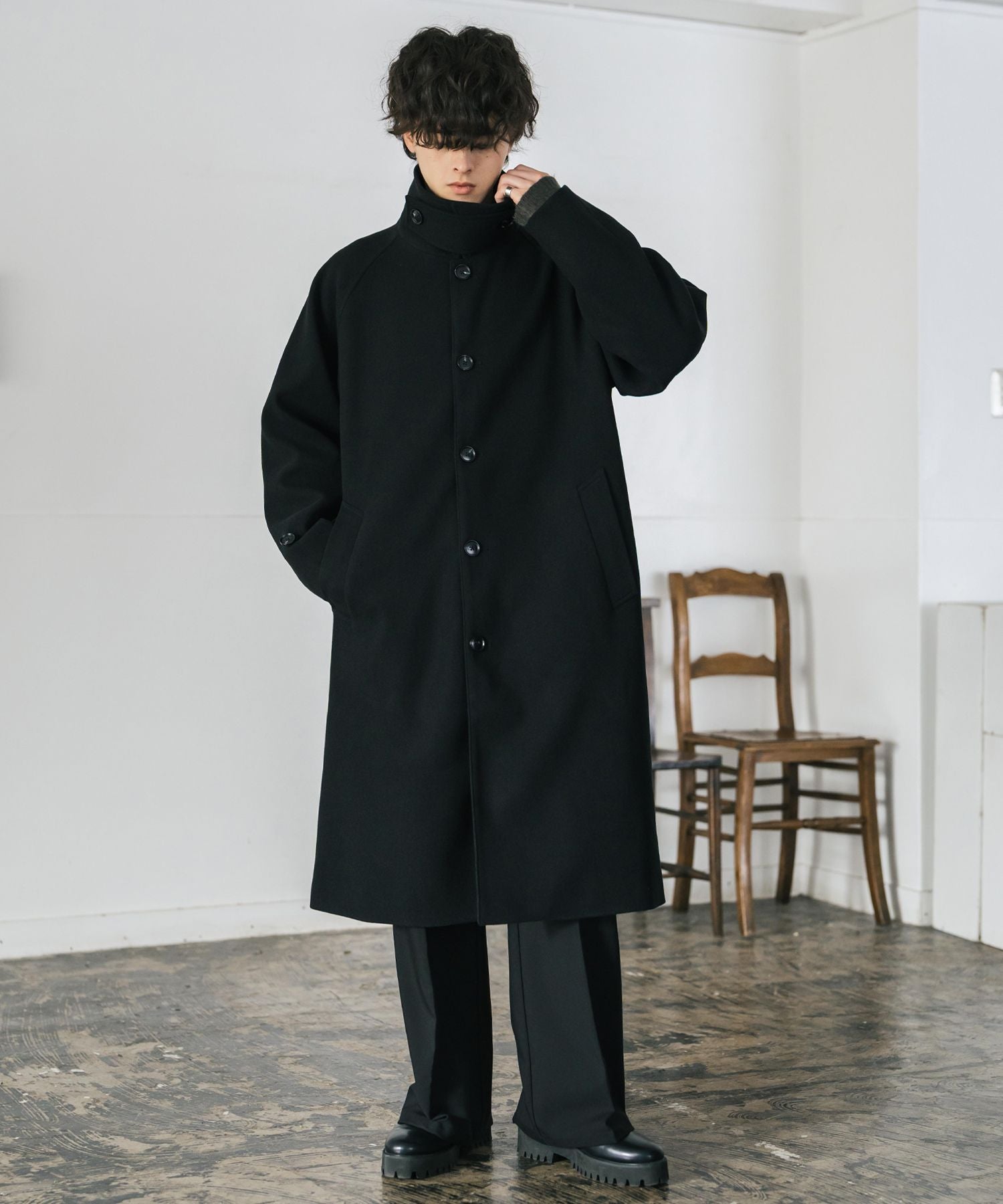 オーバーサイズ T/M ラグランロングステンカラーコート/2WAYチン