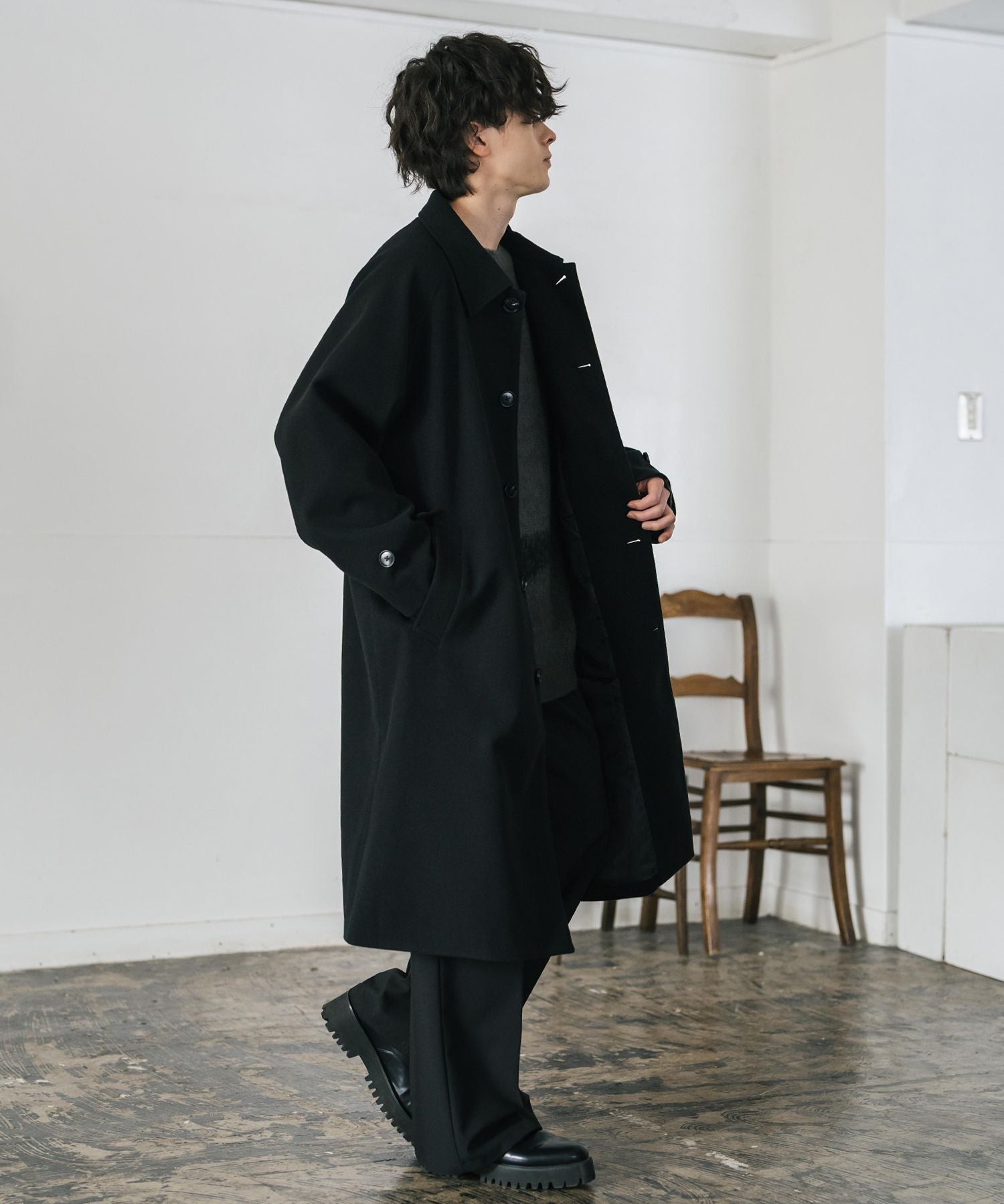 オーバーサイズ T/M ラグランロングステンカラーコート/2WAYチンストラップ付きスタンドネックロングコート 14616