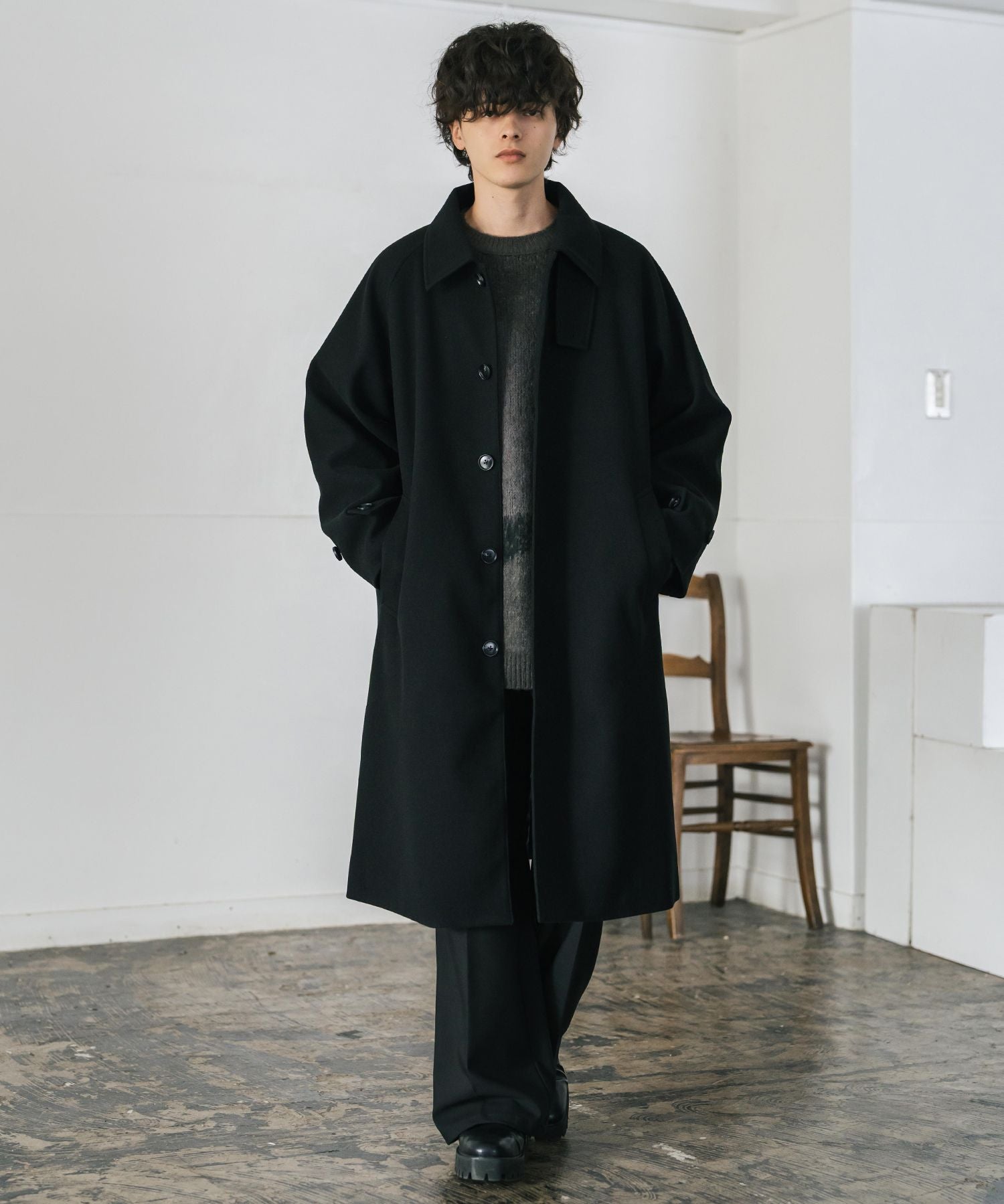 オーバーサイズ T/M ラグランロングステンカラーコート/2WAYチンストラップ付きスタンドネックロングコート 14616