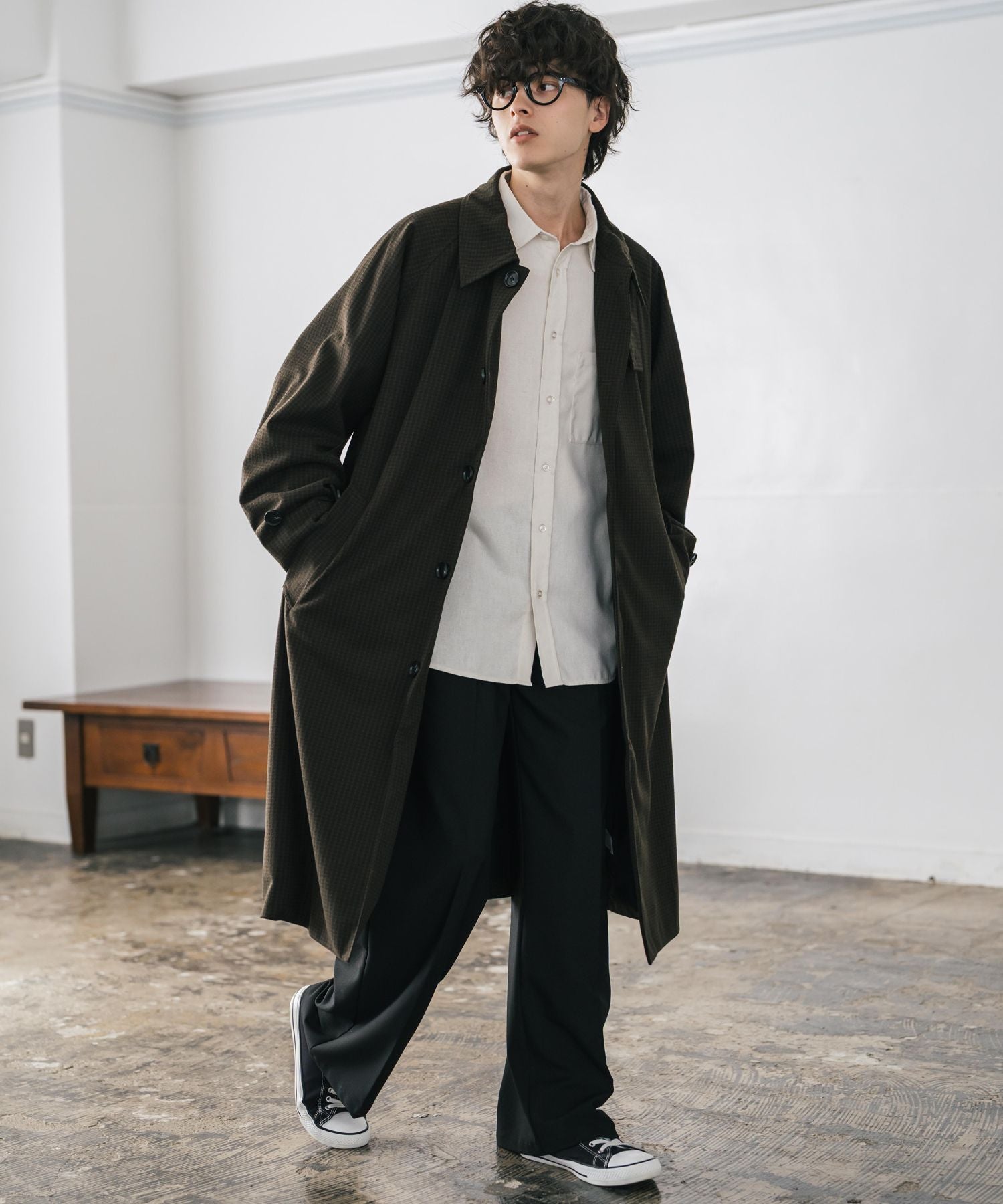 オーバーサイズ T/M ラグランロングステンカラーコート/2WAYチン