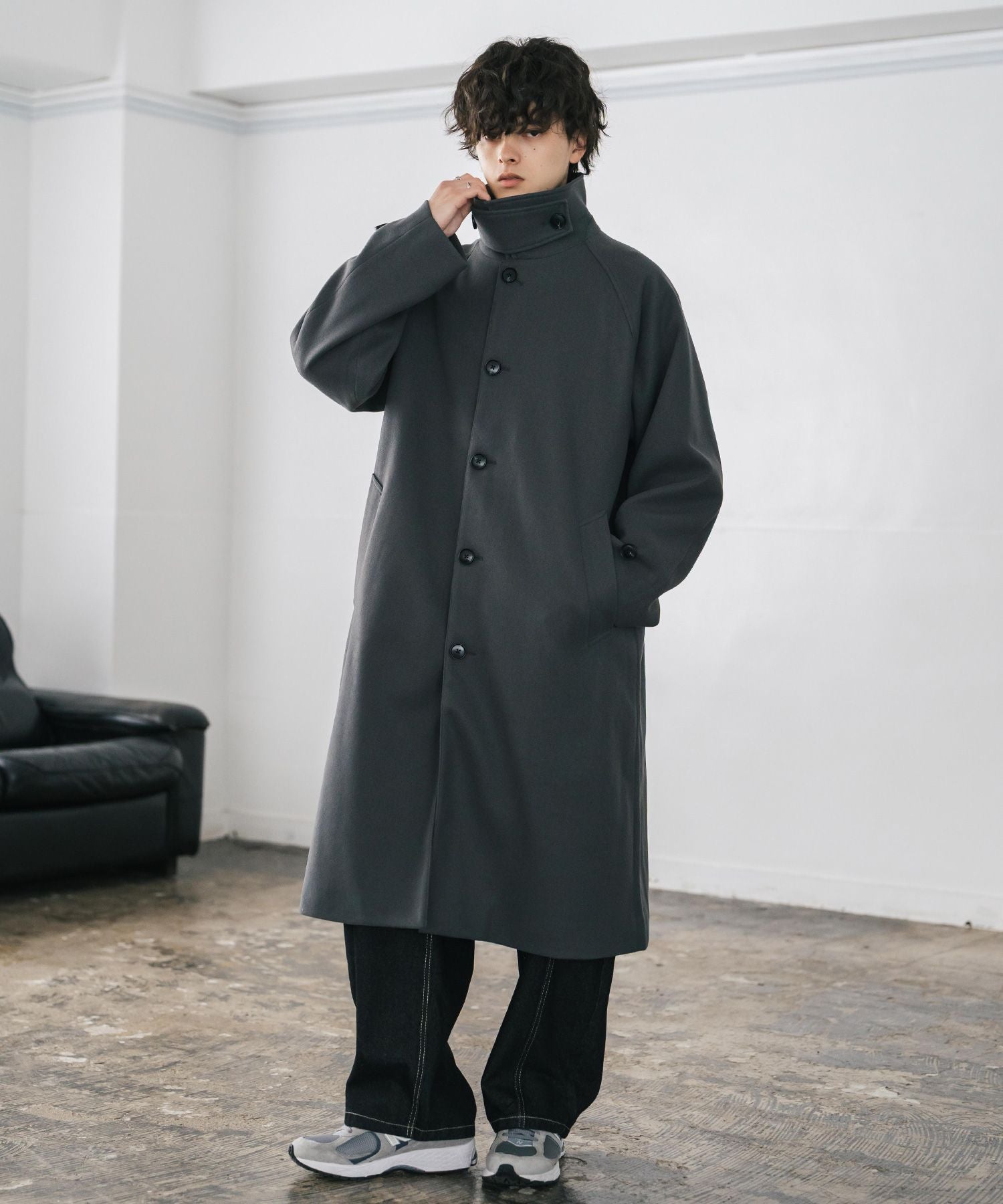オーバーサイズ T/M ラグランロングステンカラーコート/2WAYチン